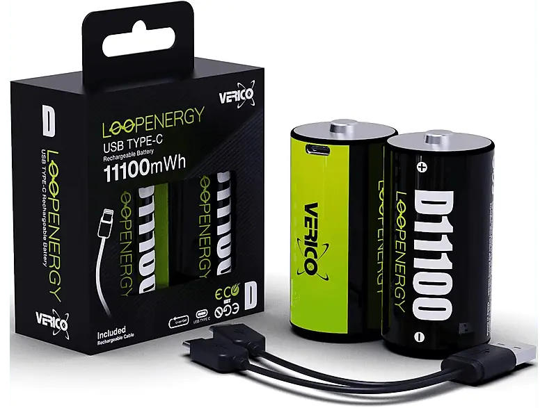 Verico D Mono Batterie Wiederaufladbar Li-ion, 2er Pack; Akku