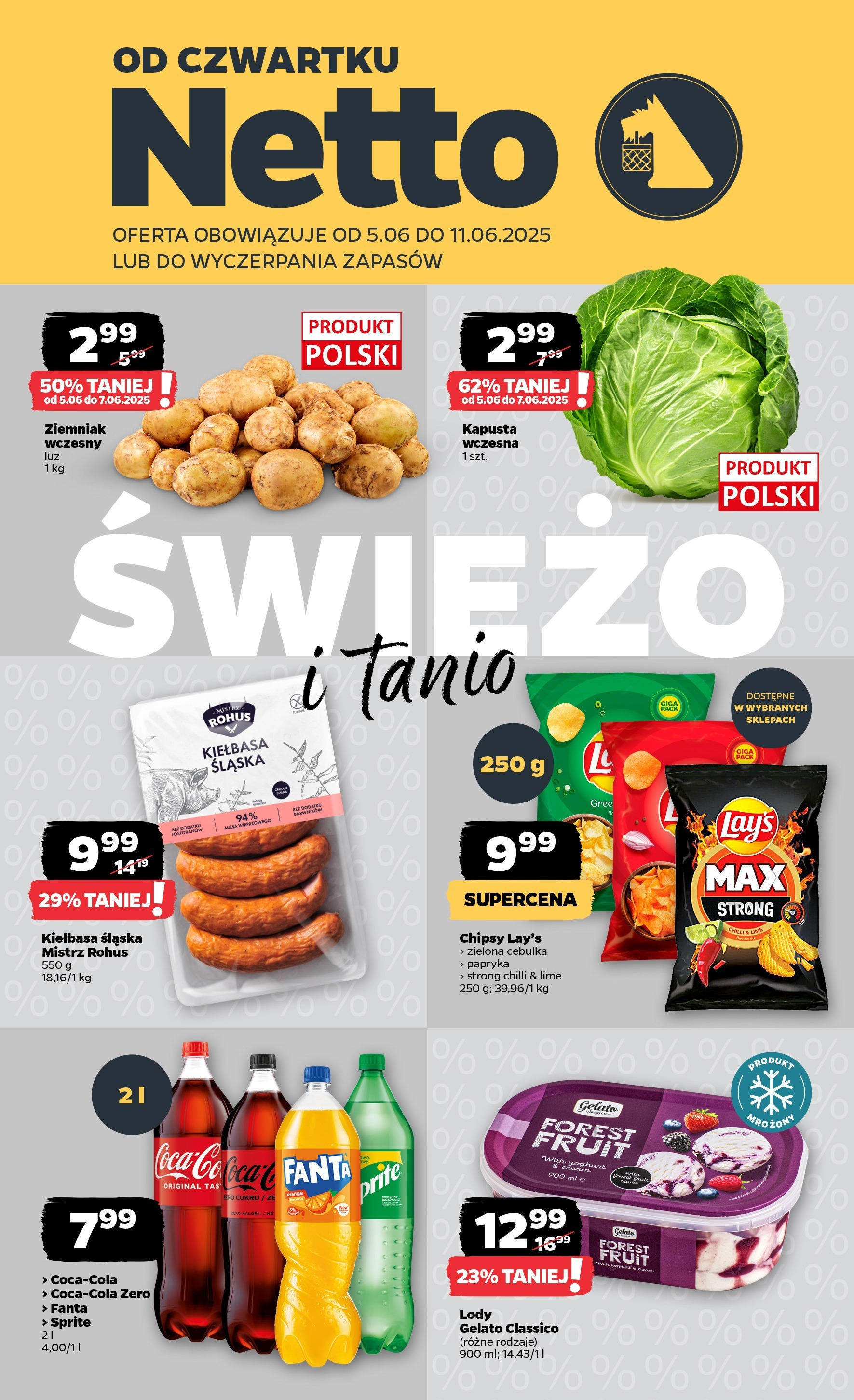 Netto gazetka - Spożywcza od 05.06.2025 - Aktualne promocje | Strona: 1 | Produkty: Kiełbasa, Kapusta, Chipsy, Kiełbasa śląska