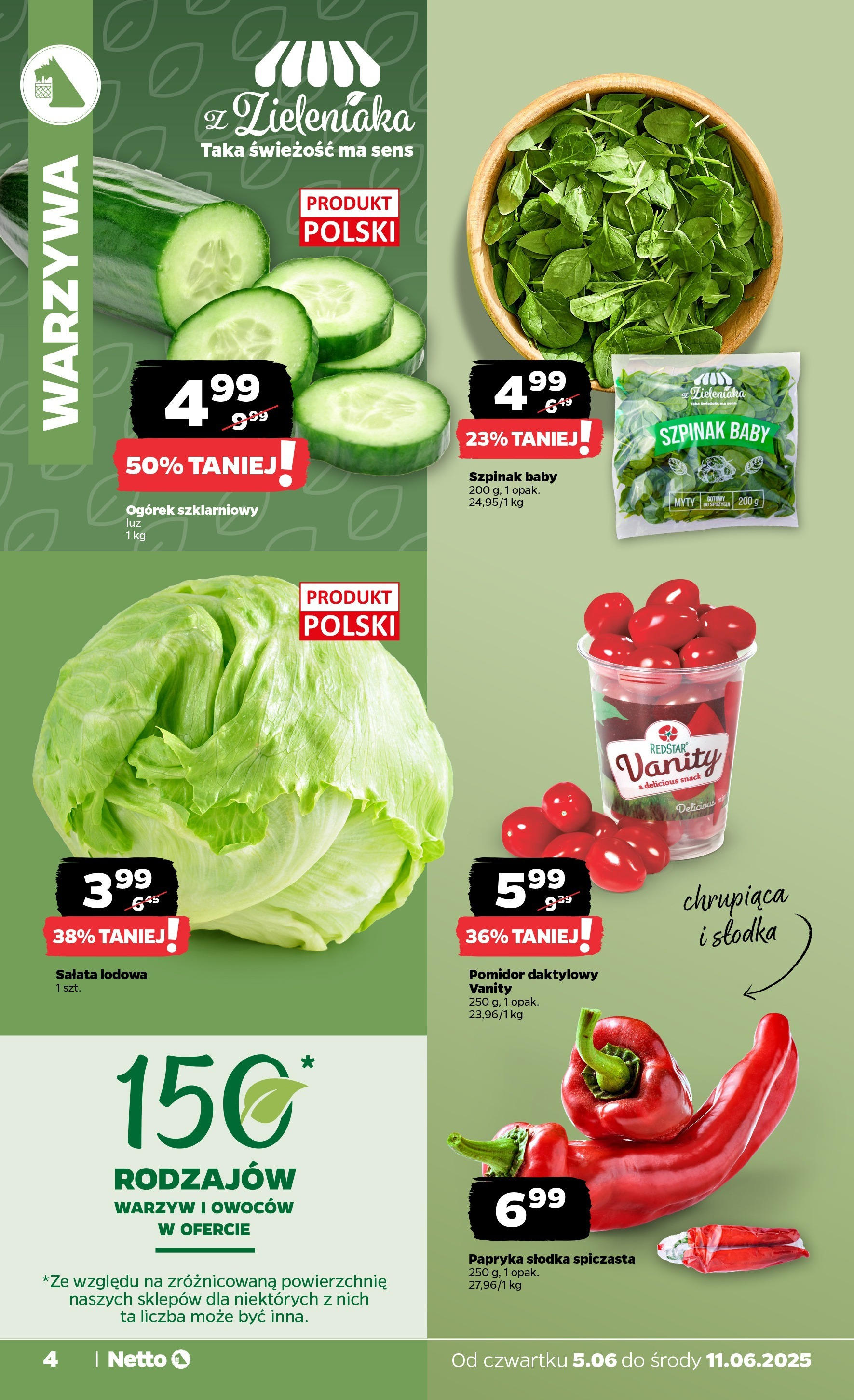 Netto gazetka - Spożywcza od 05.06.2025 - Aktualne promocje | Strona: 4 | Produkty: Papryka, Szpinak, Ogórek szklarniowy, Warzywa