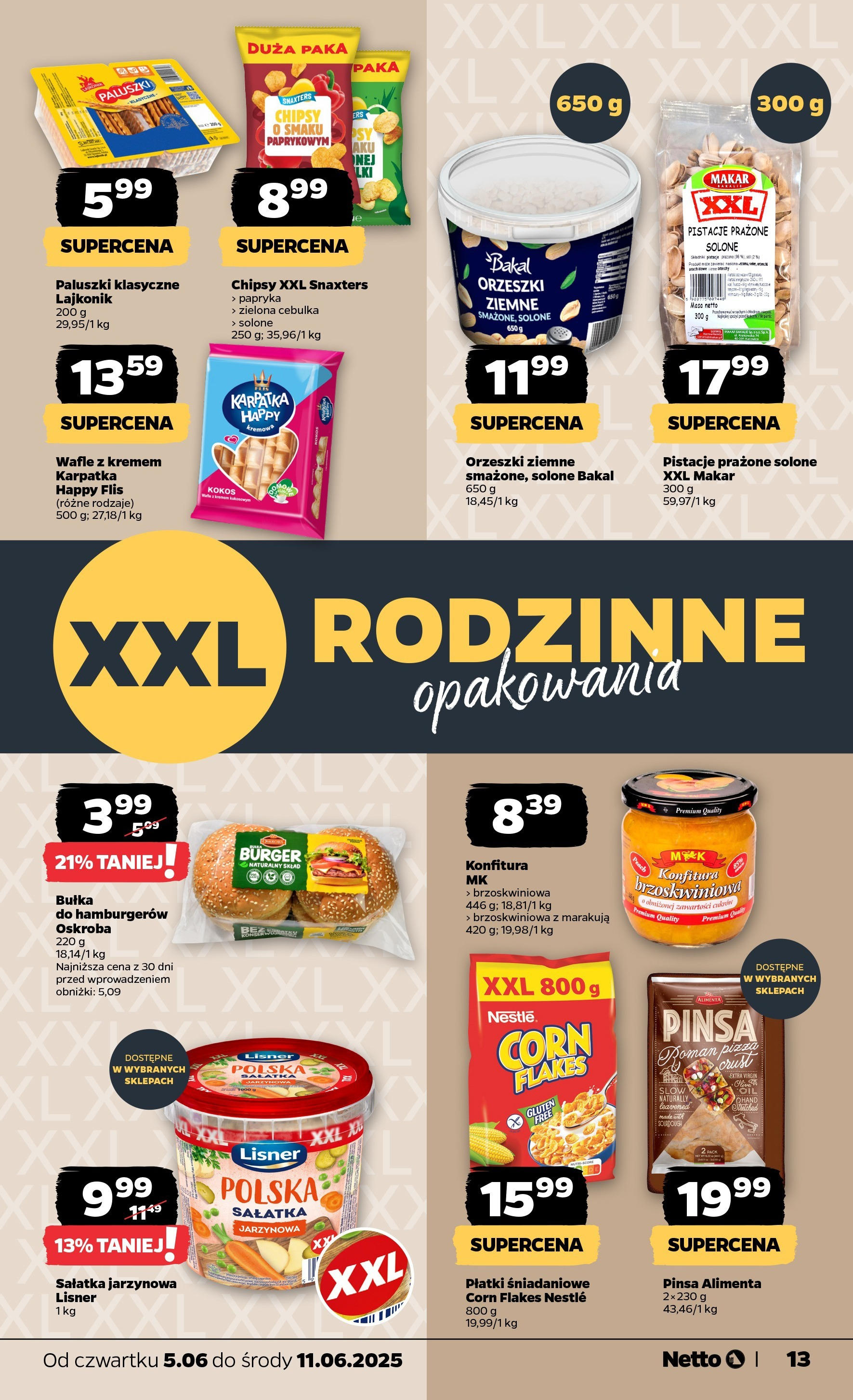 Netto gazetka - Spożywcza od 05.06.2025 - Aktualne promocje | Strona: 13 | Produkty: Chipsy, Wafle, Płatki śniadaniowe, Pinsa