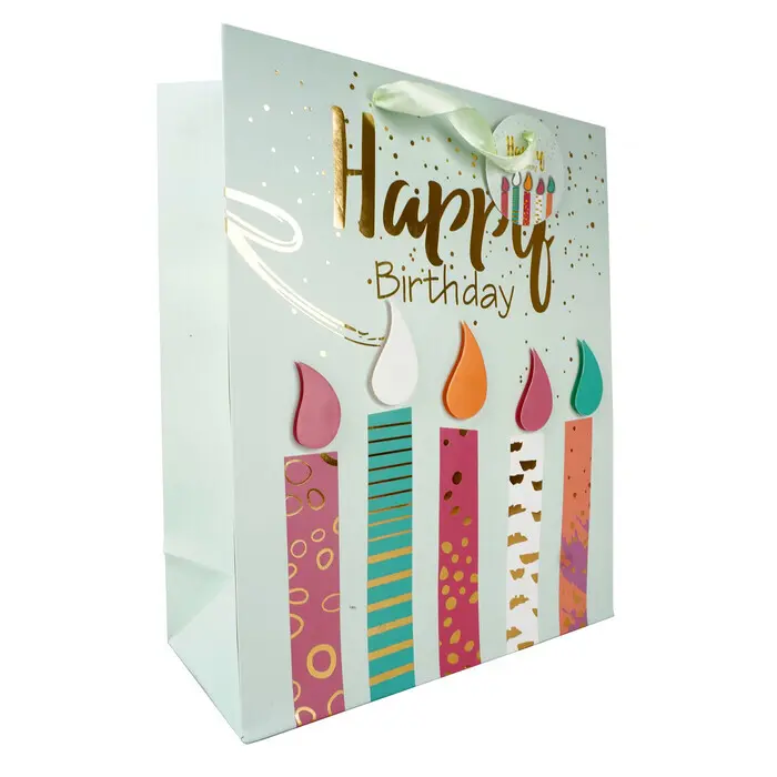 Geschenktasche Happy Birthday mit 3D-Flammen bunt