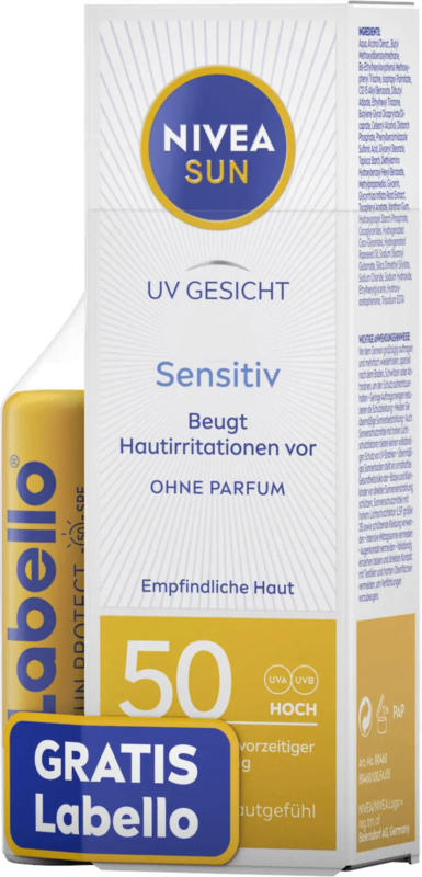NIVEA SUN Sonnencreme Gesicht sensitiv LSF 50 + Labello Lippenpflege LSF 50