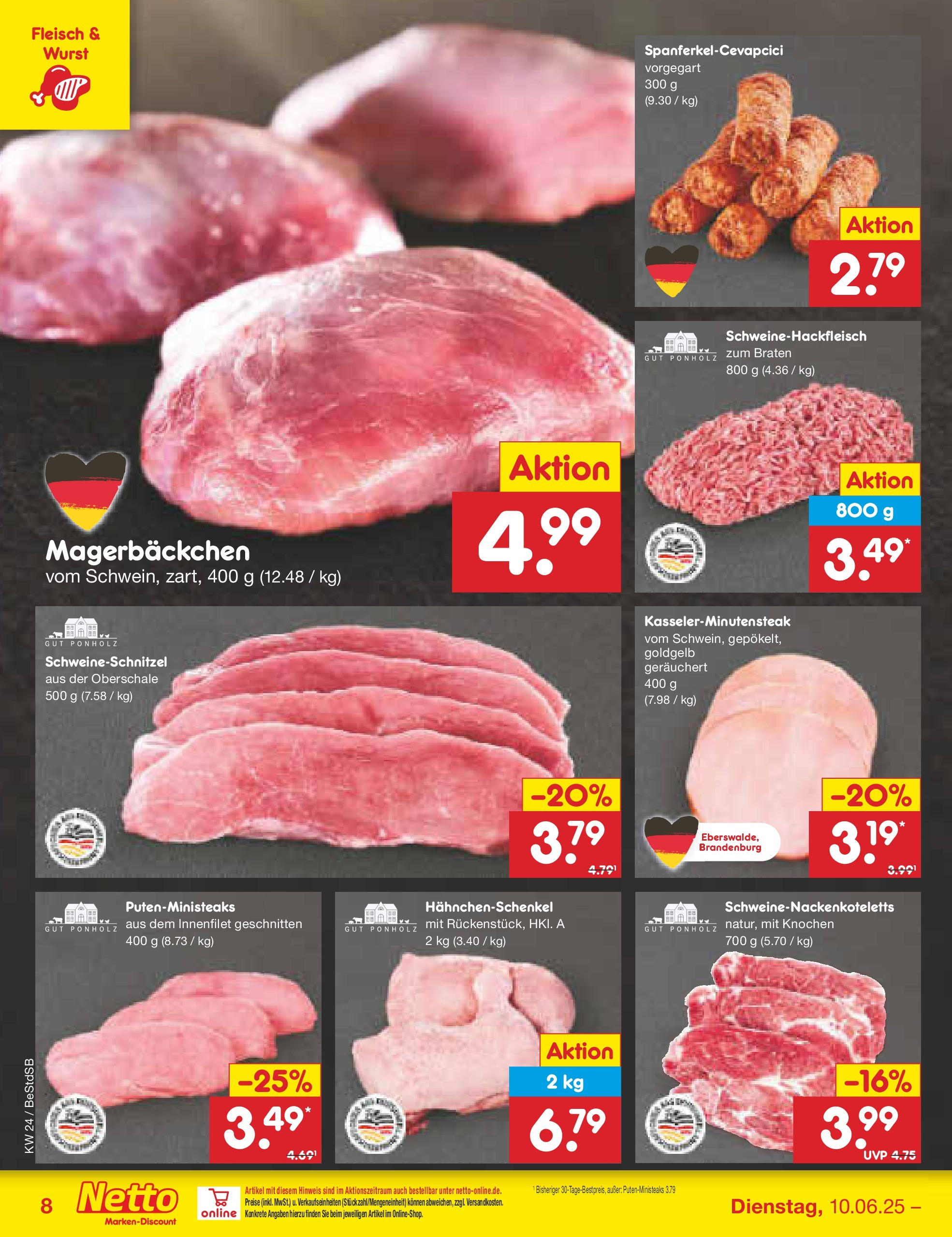 Netto Marken-Discount prospekt Berlin-Spandau (ab 10.06.2025) » Angebote | Seite: 8 | Produkte: Hahnchenschenkel, Wurst, Fleisch Netto Marken-Discount prospekt Berlin-Spandau (ab 10.06.2025) » Angebote | Seite: 8 | Produkte: Hahnchenschenkel, Wurst, Fleisch