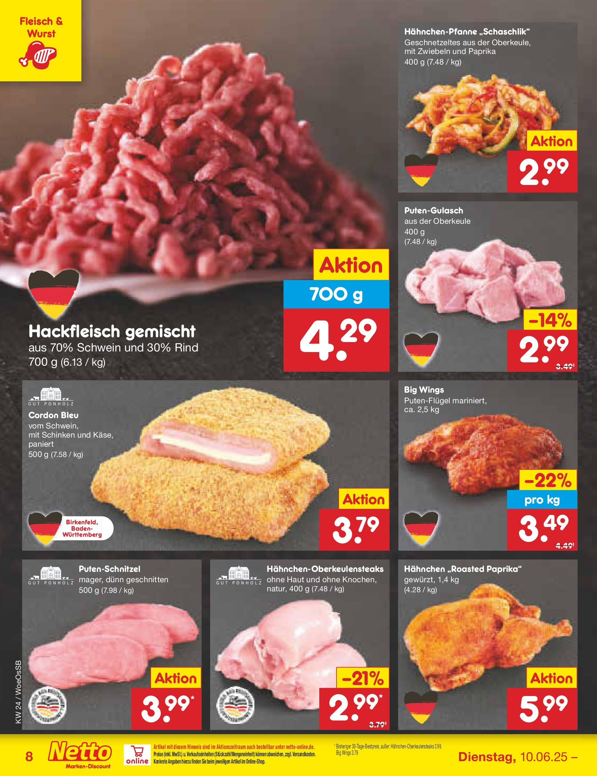 Netto Marken-Discount prospekt Gemmingen (ab 10.06.2025) » Angebote | Seite: 8 | Produkte: Hahnchen, Zwiebeln, Schinken, Fleisch Netto Marken-Discount prospekt Gemmingen (ab 10.06.2025) » Angebote | Seite: 8 | Produkte: Hahnchen, Zwiebeln, Schinken, Fleisch
