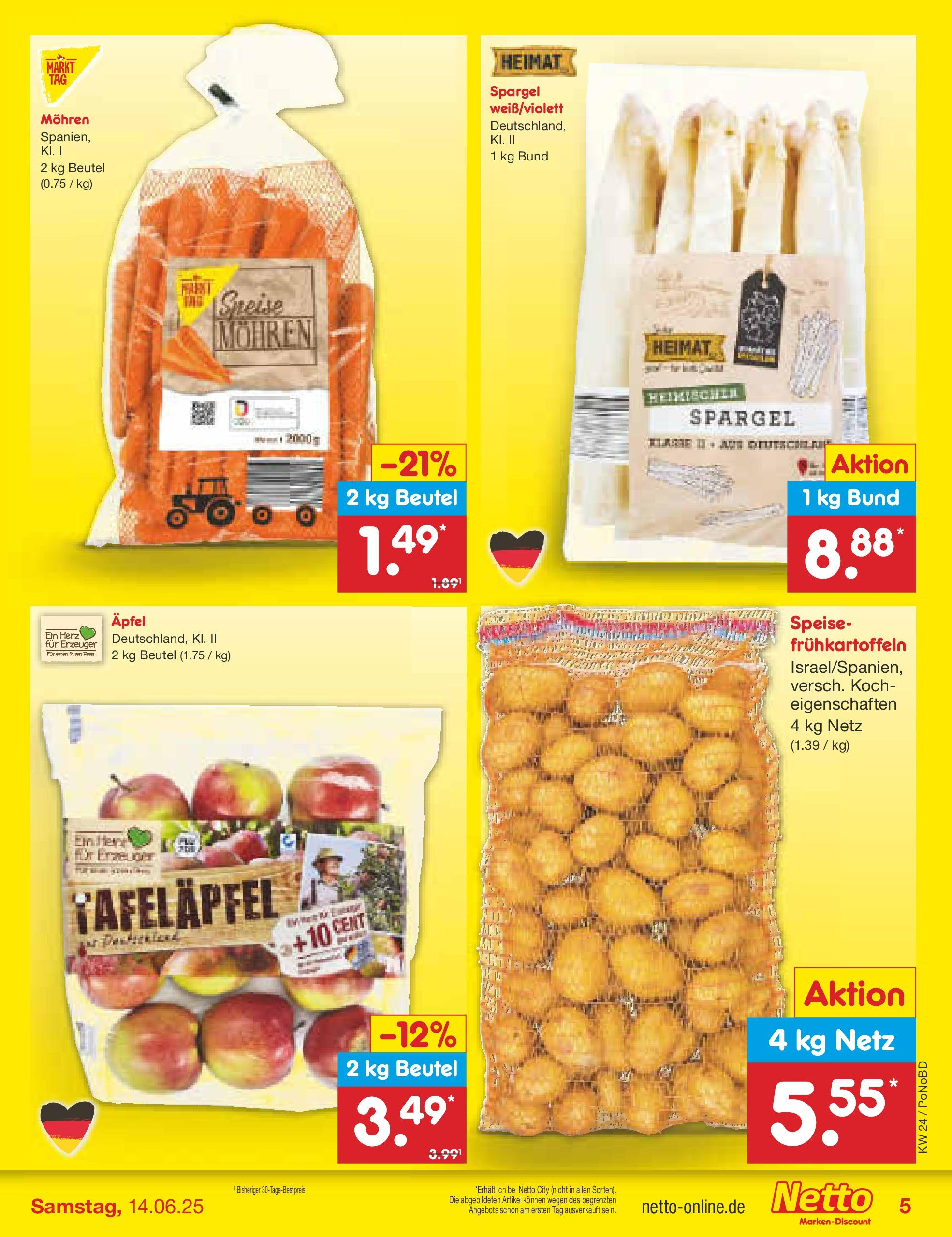 Netto Marken-Discount prospekt Selb (ab 10.06.2025) » Angebote | Seite: 5 | Produkte: Äpfel, Spargel, Mohren Netto Marken-Discount prospekt Selb (ab 10.06.2025) » Angebote | Seite: 5 | Produkte: Äpfel, Spargel, Mohren