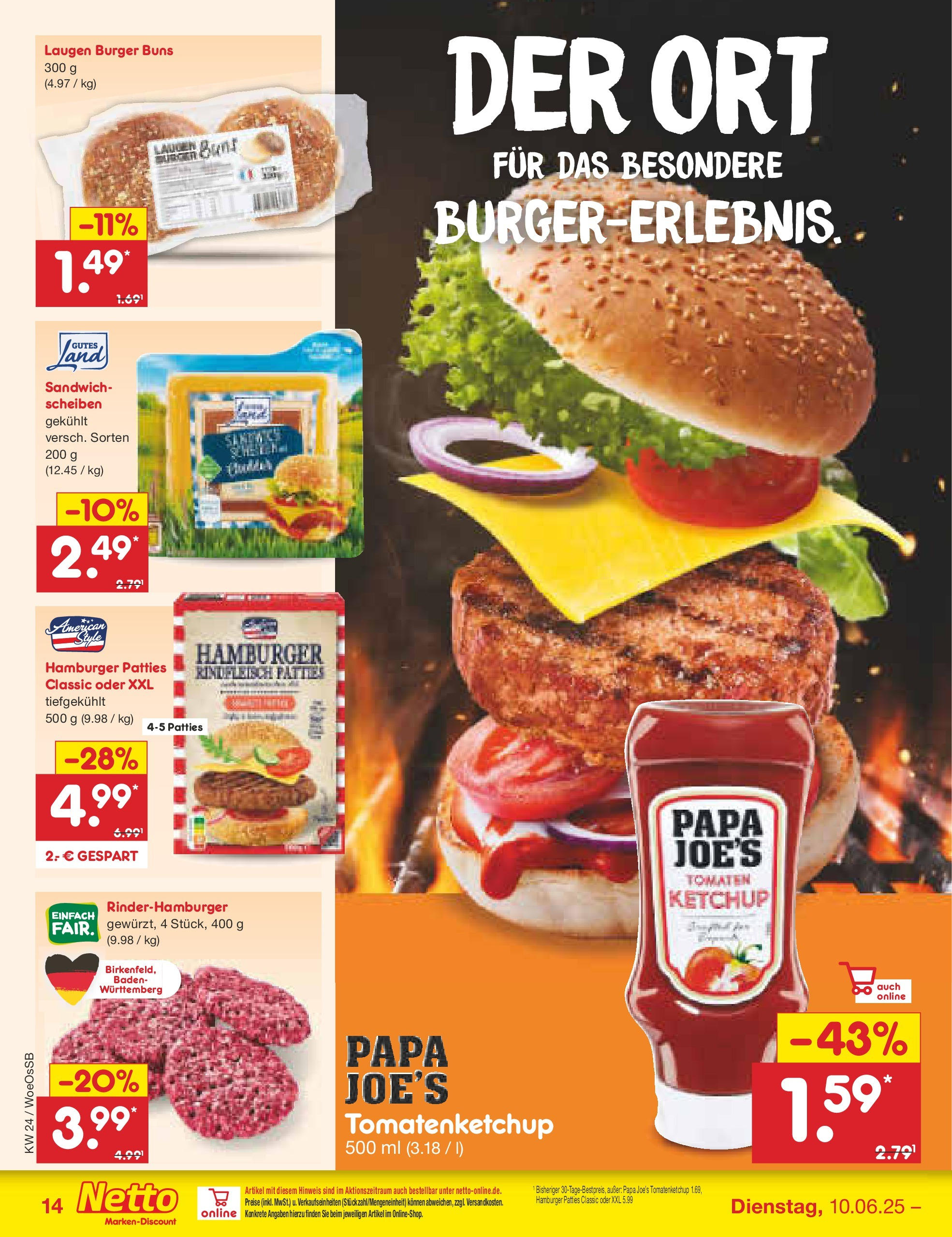 Netto Marken-Discount prospekt Gemmingen (ab 10.06.2025) » Angebote | Seite: 18 | Produkte: Burger, Tomaten, Rindfleisch, Ketchup Netto Marken-Discount prospekt Gemmingen (ab 10.06.2025) » Angebote | Seite: 18 | Produkte: Burger, Tomaten, Rindfleisch, Ketchup