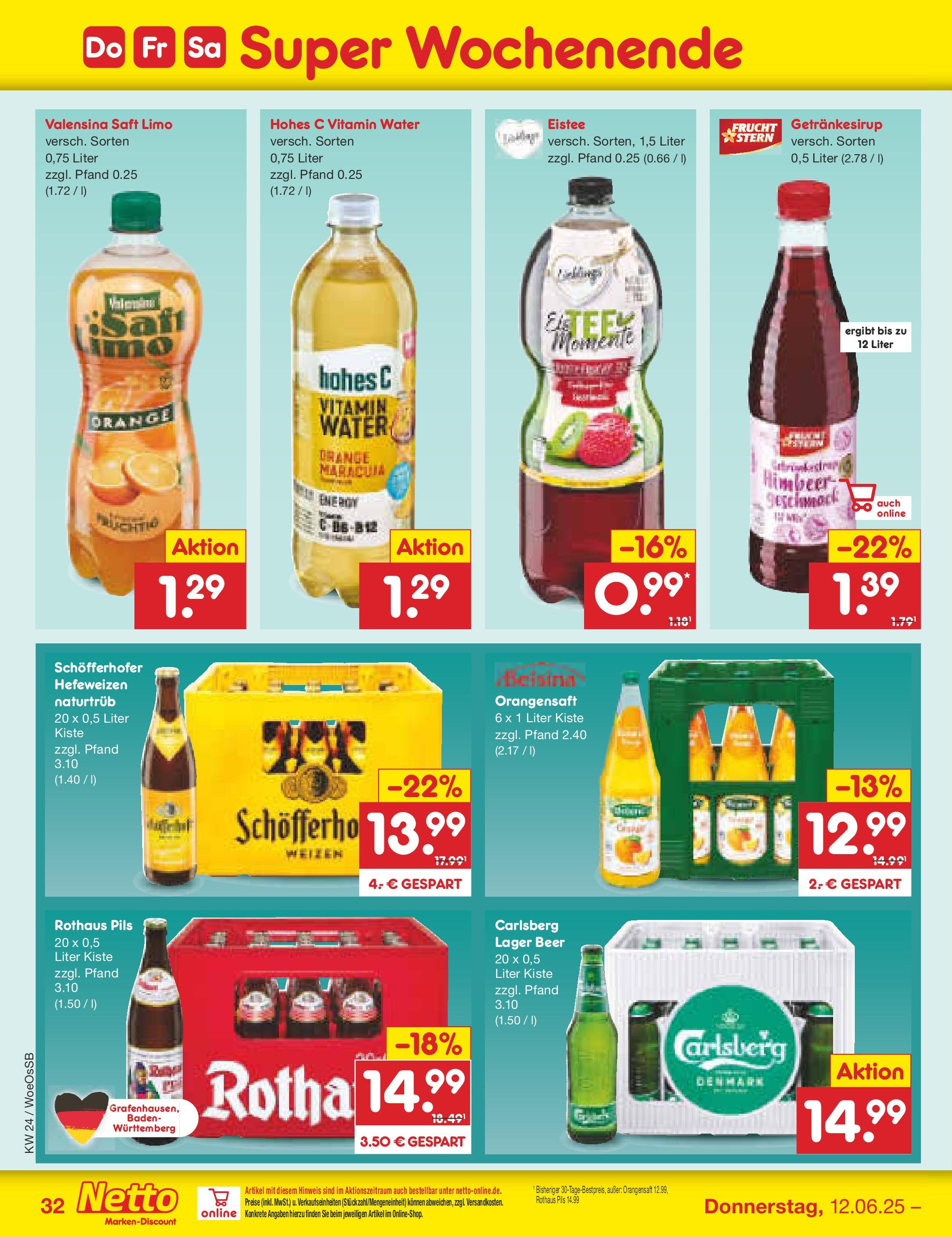 Netto Marken-Discount prospekt Gemmingen (ab 10.06.2025) » Angebote | Seite: 50 | Produkte: Carlsberg, Valensina, Hohes c, Saft Netto Marken-Discount prospekt Gemmingen (ab 10.06.2025) » Angebote | Seite: 50 | Produkte: Carlsberg, Valensina, Hohes c, Saft