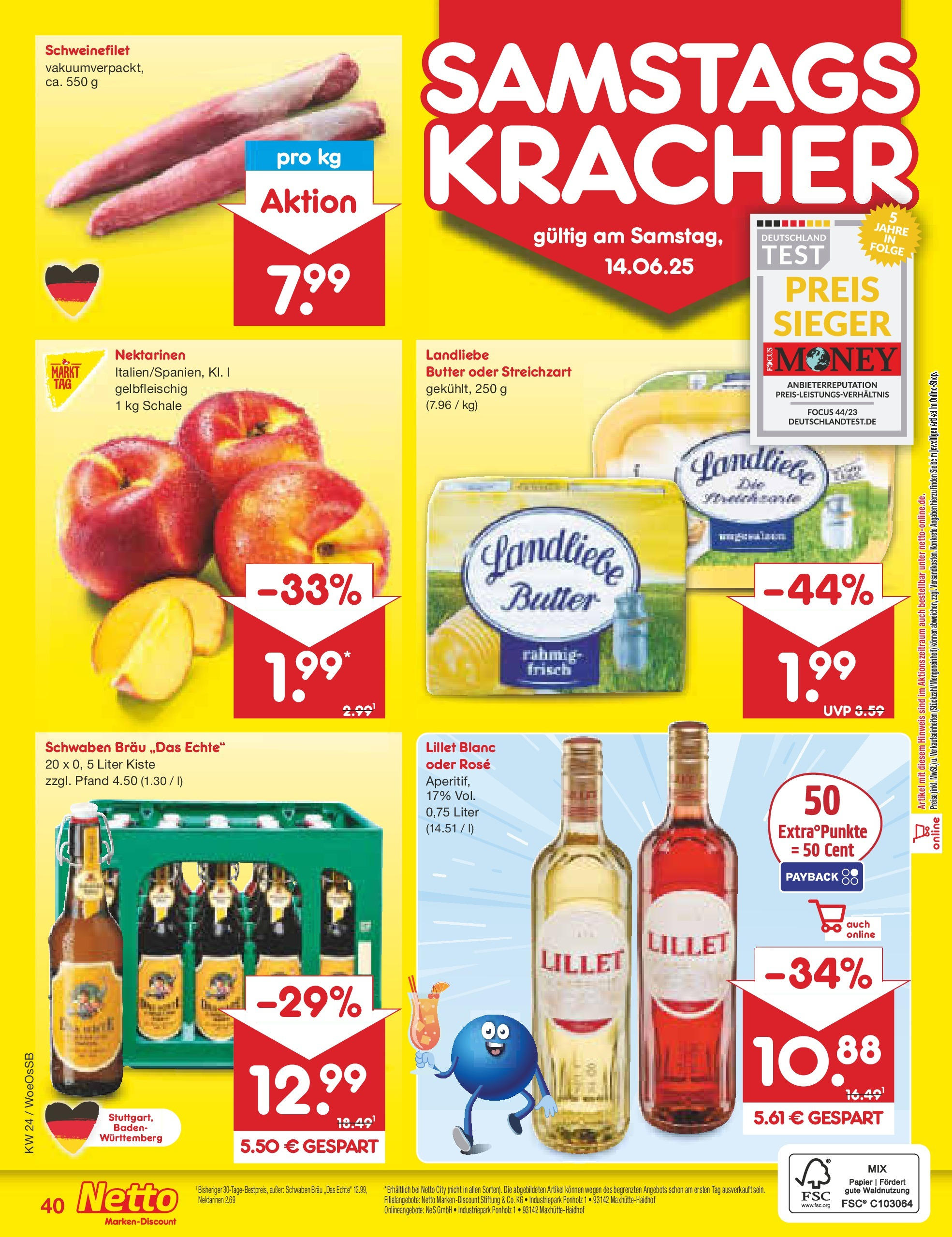 Netto Marken-Discount prospekt Gemmingen (ab 10.06.2025) » Angebote | Seite: 62 | Produkte: Butter, Nektarinen, Landliebe butter, Lillet Netto Marken-Discount prospekt Gemmingen (ab 10.06.2025) » Angebote | Seite: 62 | Produkte: Butter, Nektarinen, Landliebe butter, Lillet