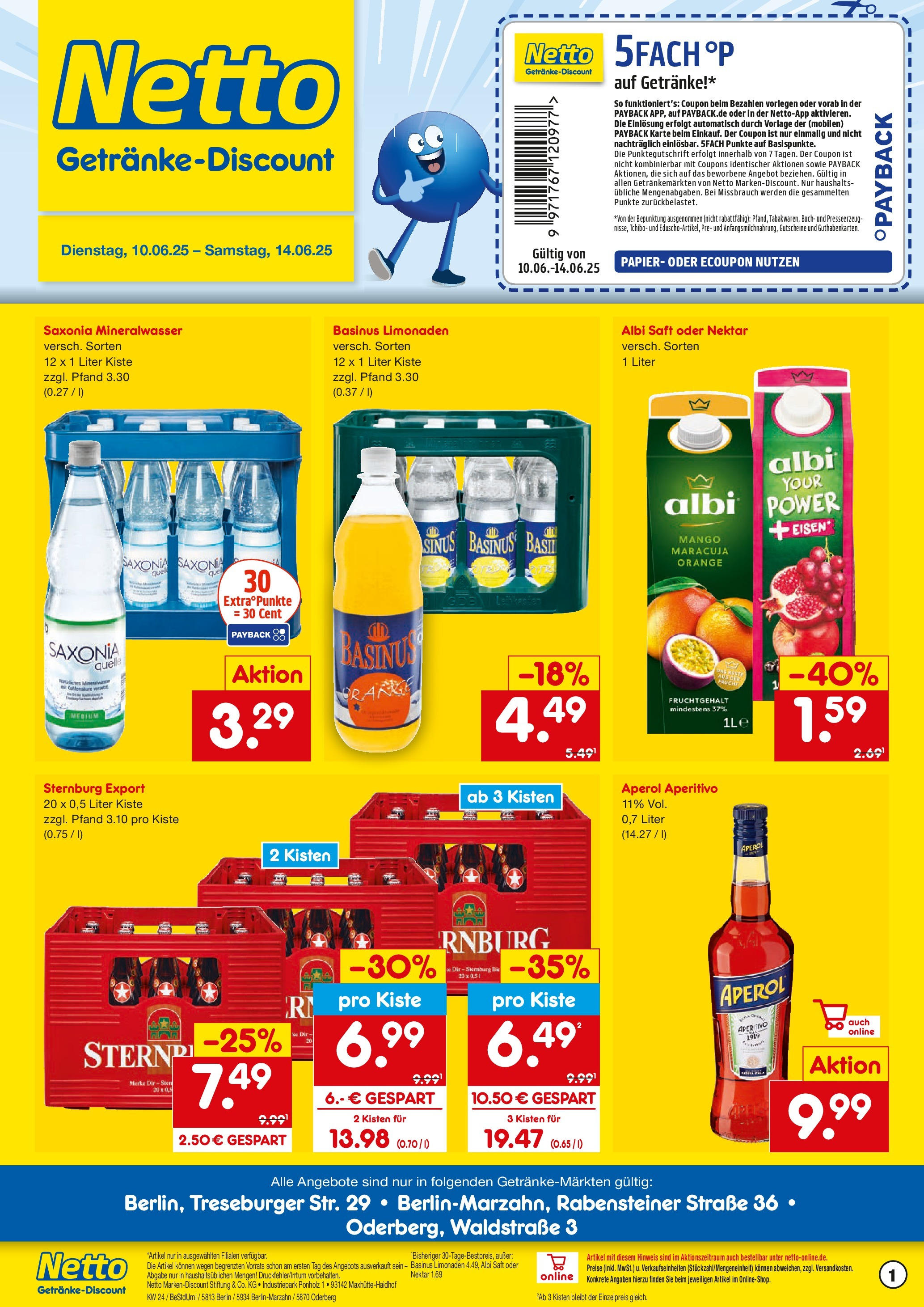 Netto Marken-Discount prospekt Oderberg	 (ab 10.06.2025) » Angebote | Seite: 1 | Produkte: Bier, Mineralwasser, Mango, Saft