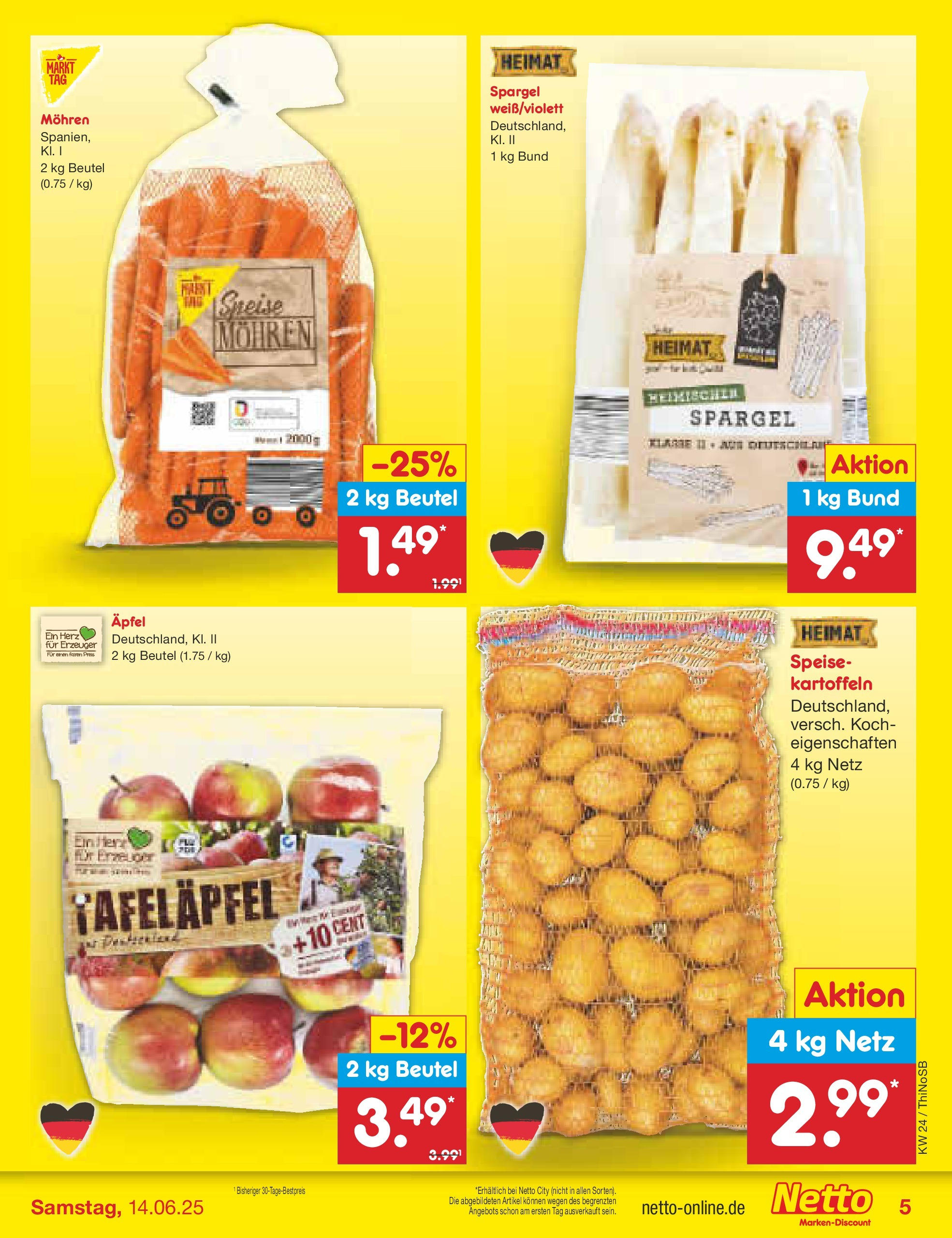 Netto Marken-Discount prospekt Spremberg (ab 10.06.2025) » Angebote | Seite: 5 | Produkte: Äpfel, Spargel, Mohren, Kartoffeln Netto Marken-Discount prospekt Spremberg (ab 10.06.2025) » Angebote | Seite: 5 | Produkte: Äpfel, Spargel, Mohren, Kartoffeln