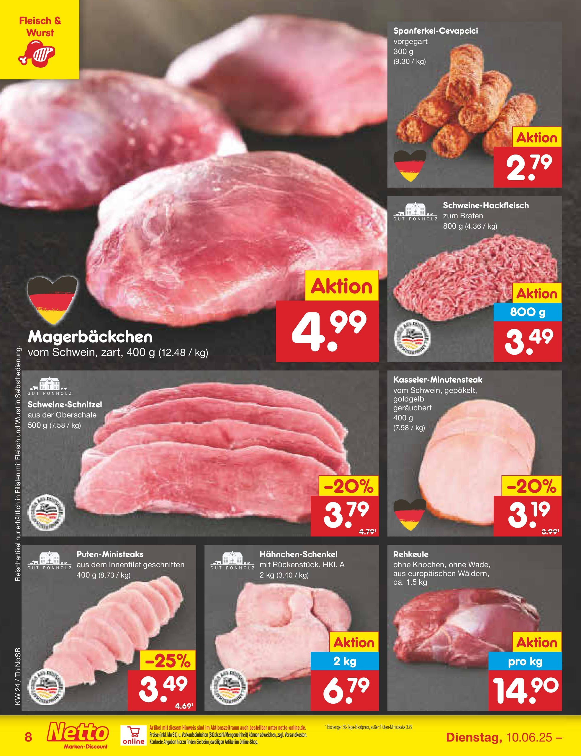 Netto Marken-Discount prospekt Spremberg (ab 10.06.2025) » Angebote | Seite: 8 | Produkte: Hahnchenschenkel, Wurst, Fleisch Netto Marken-Discount prospekt Spremberg (ab 10.06.2025) » Angebote | Seite: 8 | Produkte: Hahnchenschenkel, Wurst, Fleisch