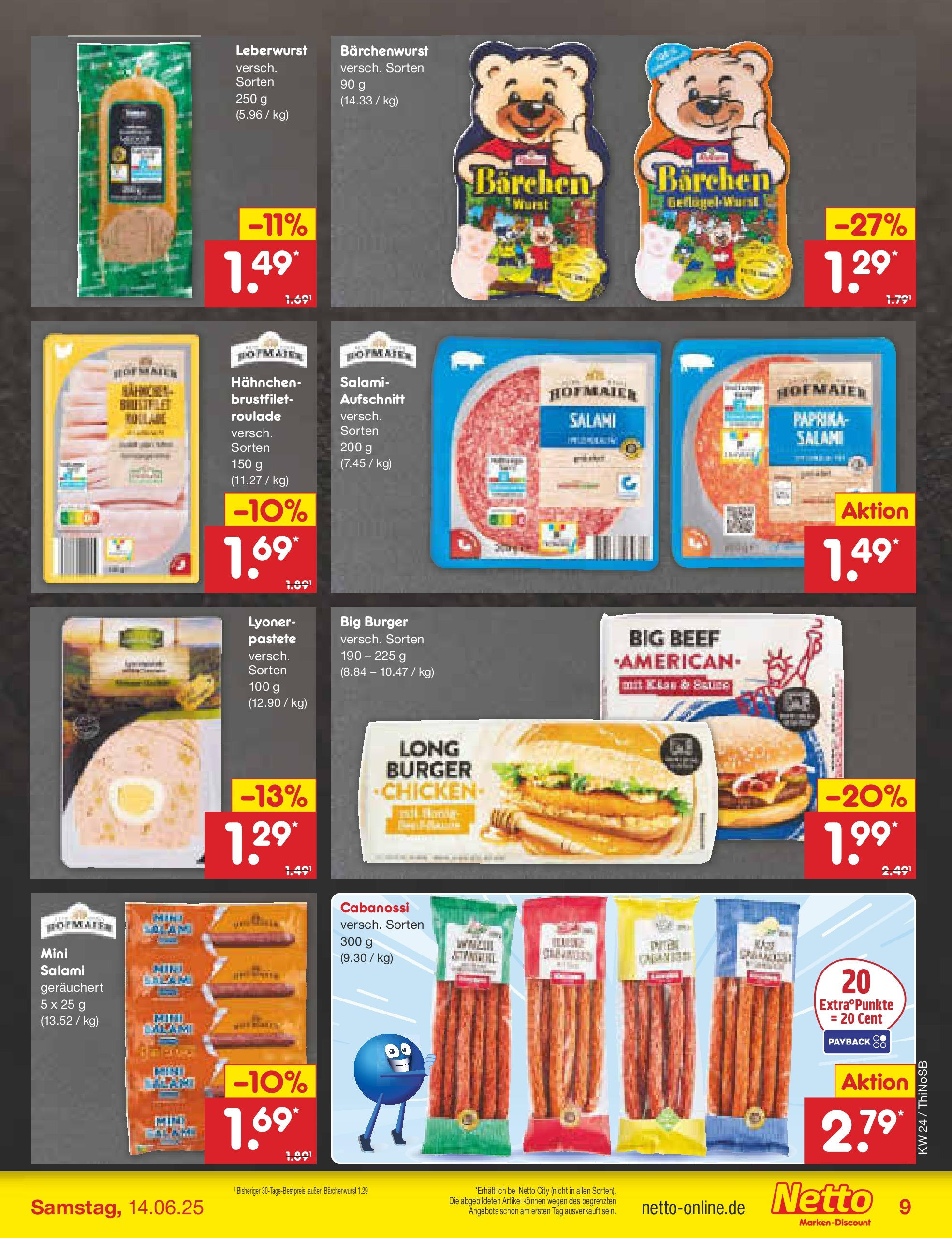 Netto Marken-Discount prospekt Spremberg (ab 10.06.2025) » Angebote | Seite: 9 | Produkte: Hahnchen, Burger, Wurst, Salami Netto Marken-Discount prospekt Spremberg (ab 10.06.2025) » Angebote | Seite: 9 | Produkte: Hahnchen, Burger, Wurst, Salami