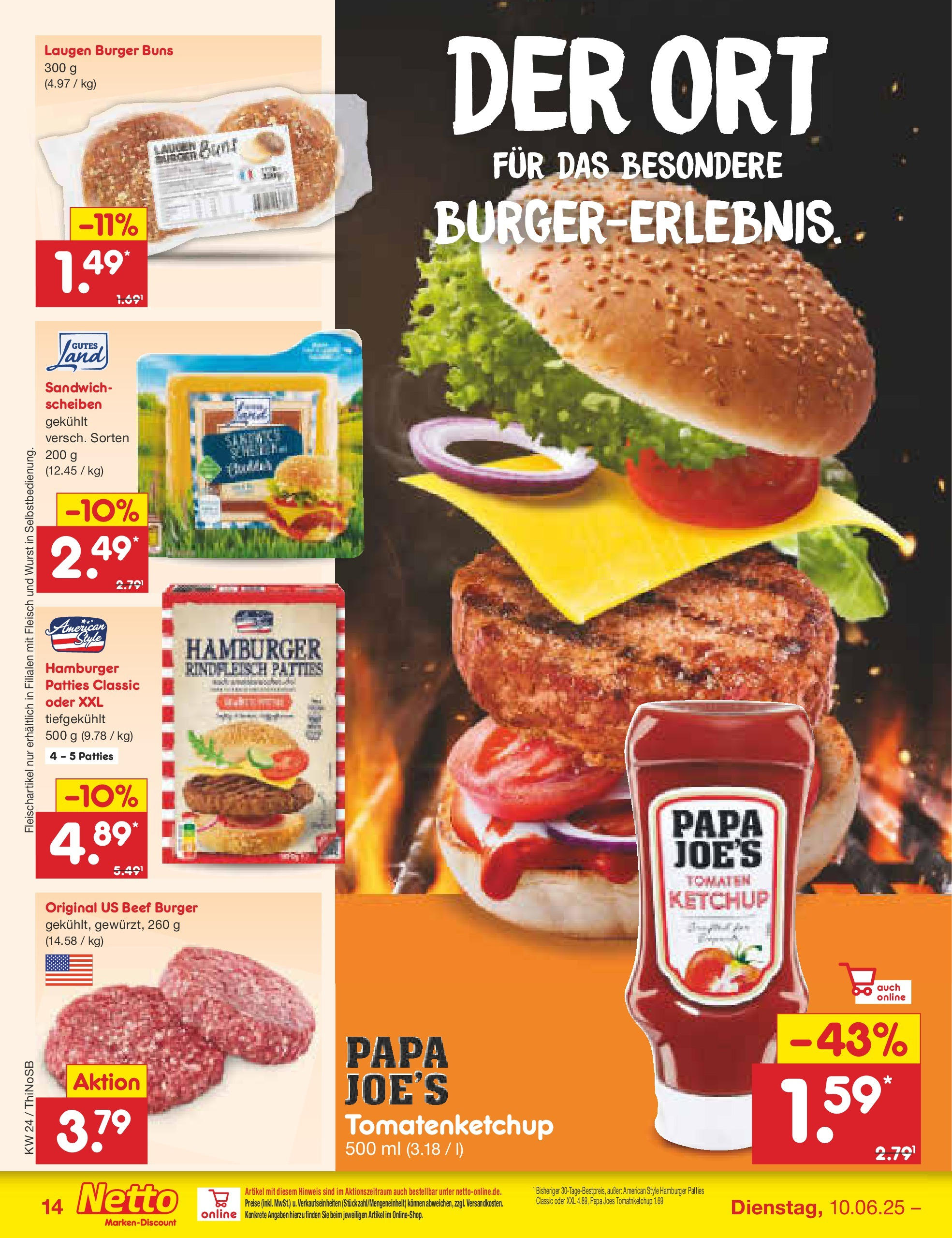 Netto Marken-Discount prospekt Spremberg (ab 10.06.2025) » Angebote | Seite: 18 | Produkte: Burger, Wurst, Ketchup, Fleisch Netto Marken-Discount prospekt Spremberg (ab 10.06.2025) » Angebote | Seite: 18 | Produkte: Burger, Wurst, Ketchup, Fleisch