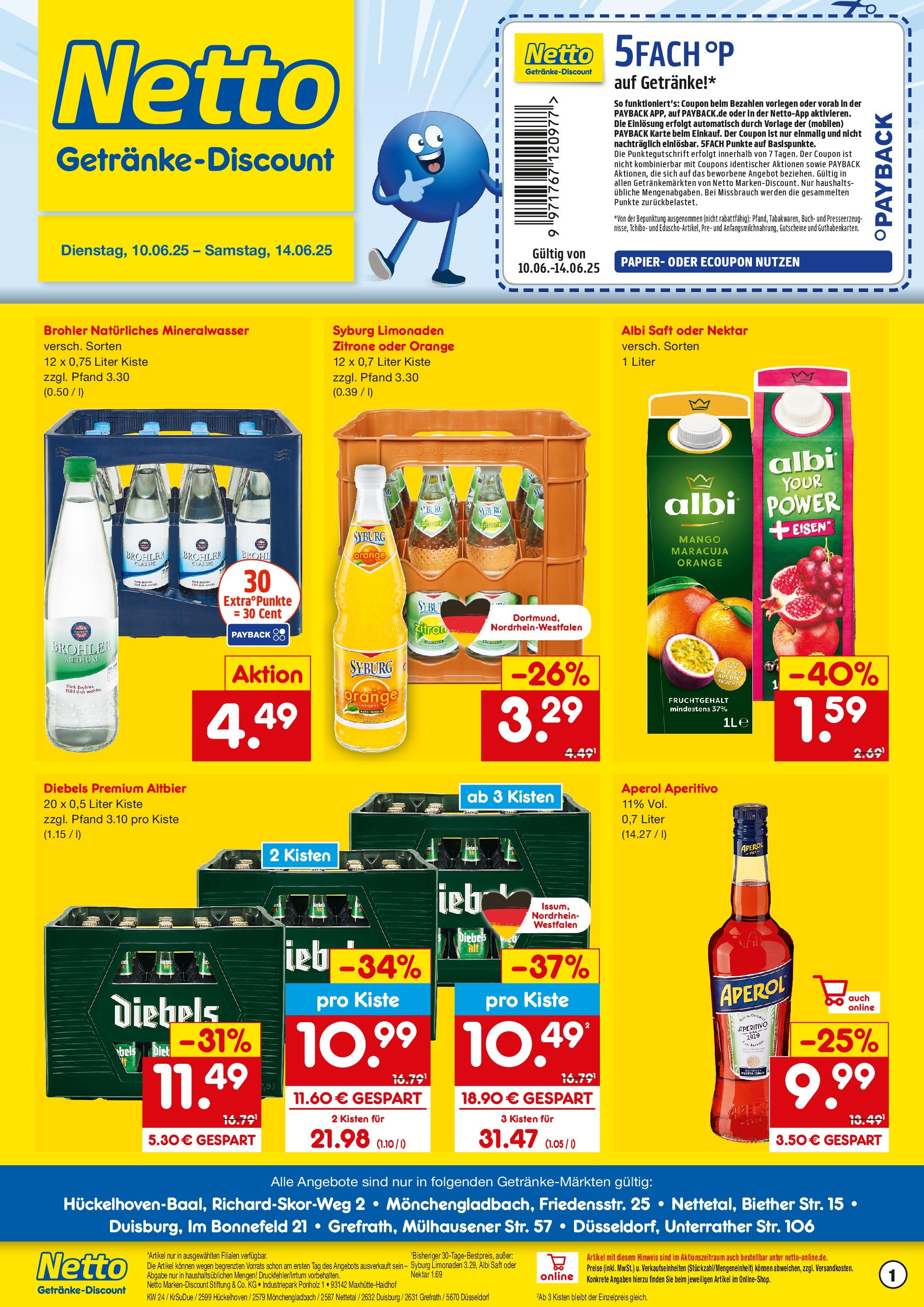 Netto Marken-Discount prospekt Nettetal	 (ab 10.06.2025) » Angebote | Seite: 1 | Produkte: Mineralwasser, Mango, Diebels, Saft
