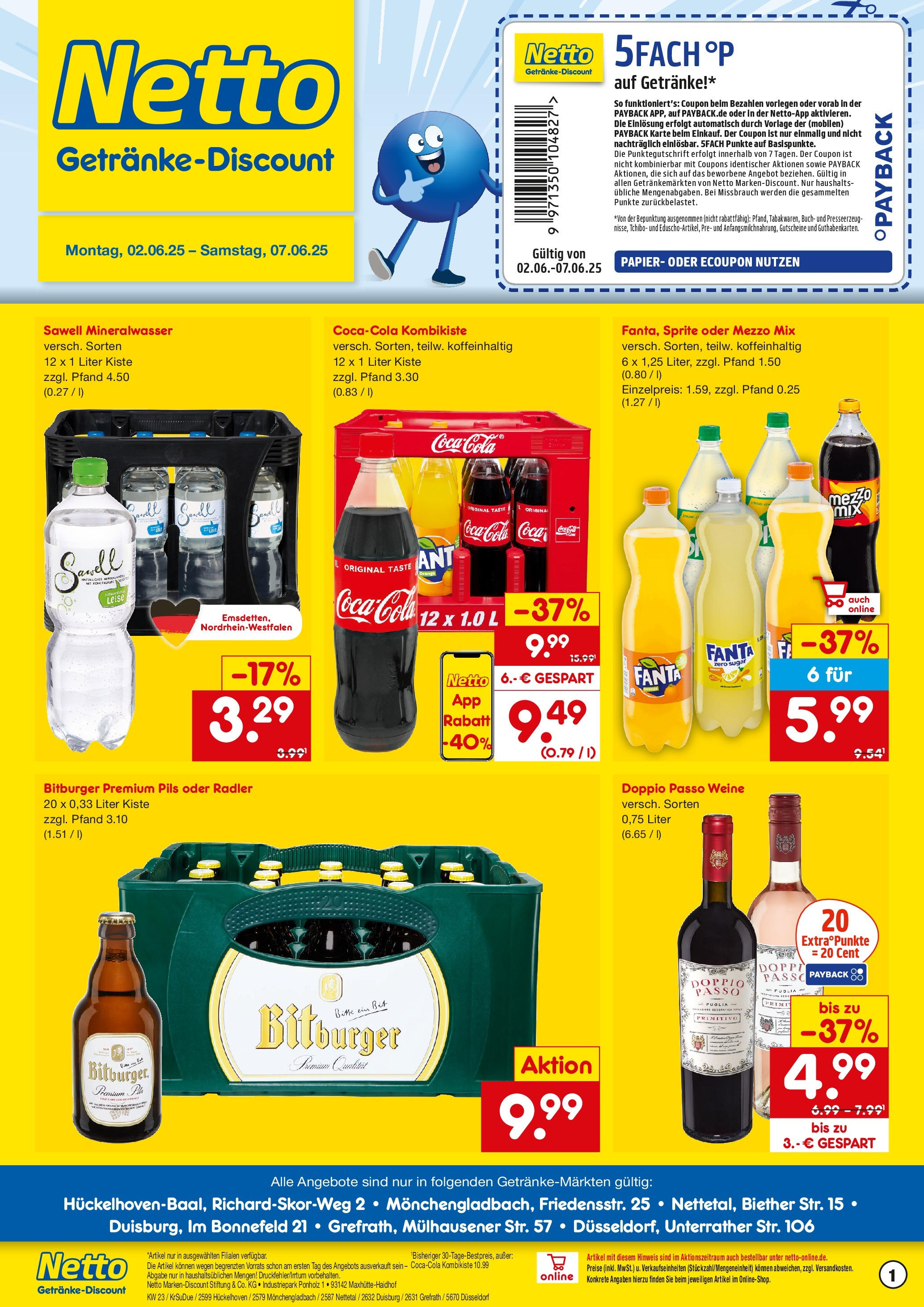 Netto Marken-Discount prospekt Düsseldorf	 (ab 02.06.2025) » Angebote | Seite: 1 | Produkte: Bitburger, Fanta, Sprite, Mineralwasser