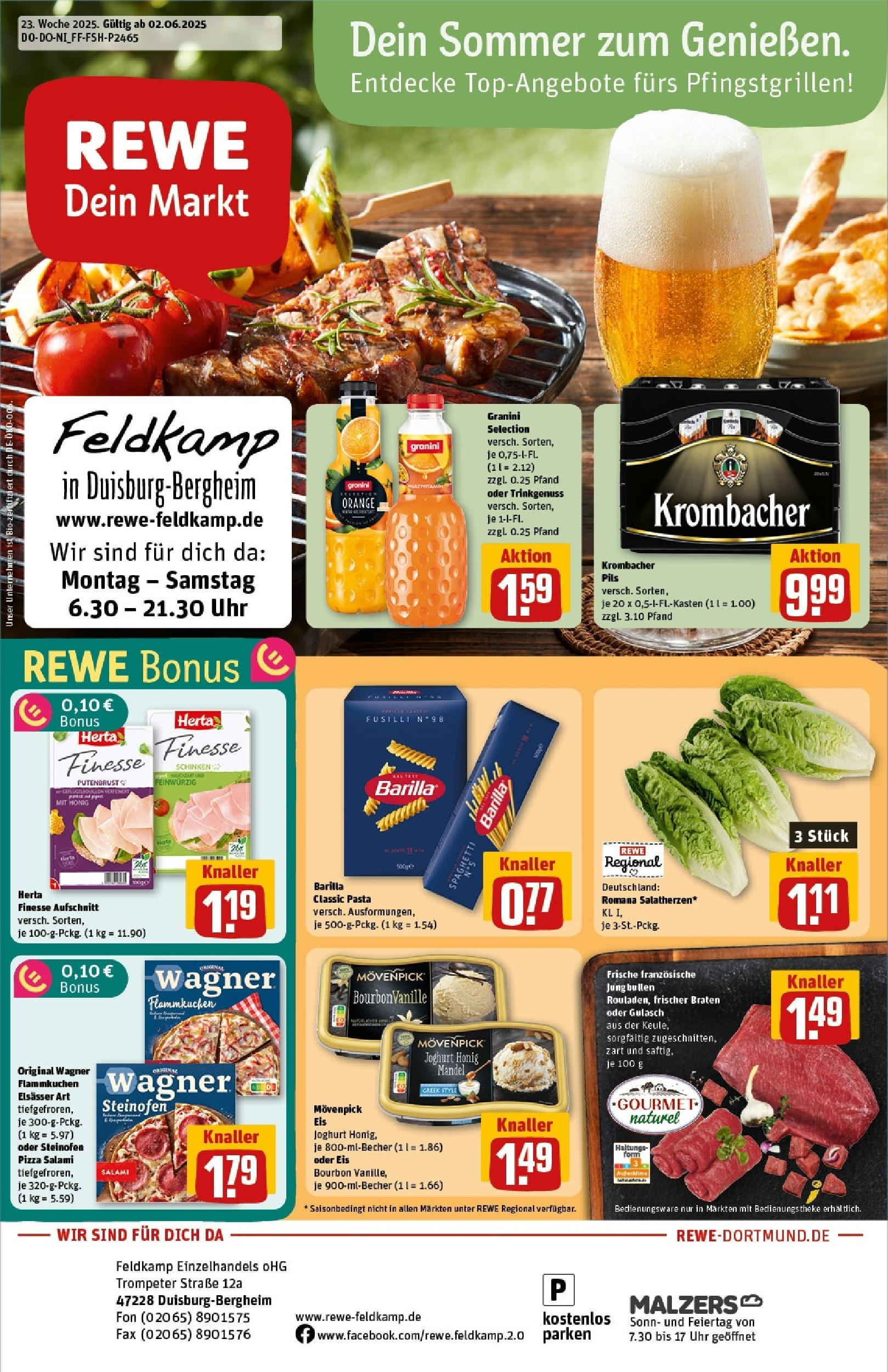 Rewe prospekt Duisburg / Bergheim	 (ab 01.06.2025) zum Blättern » Angebote | Seite: 1 | Produkte: Barilla, Pils, Eis, Uhr