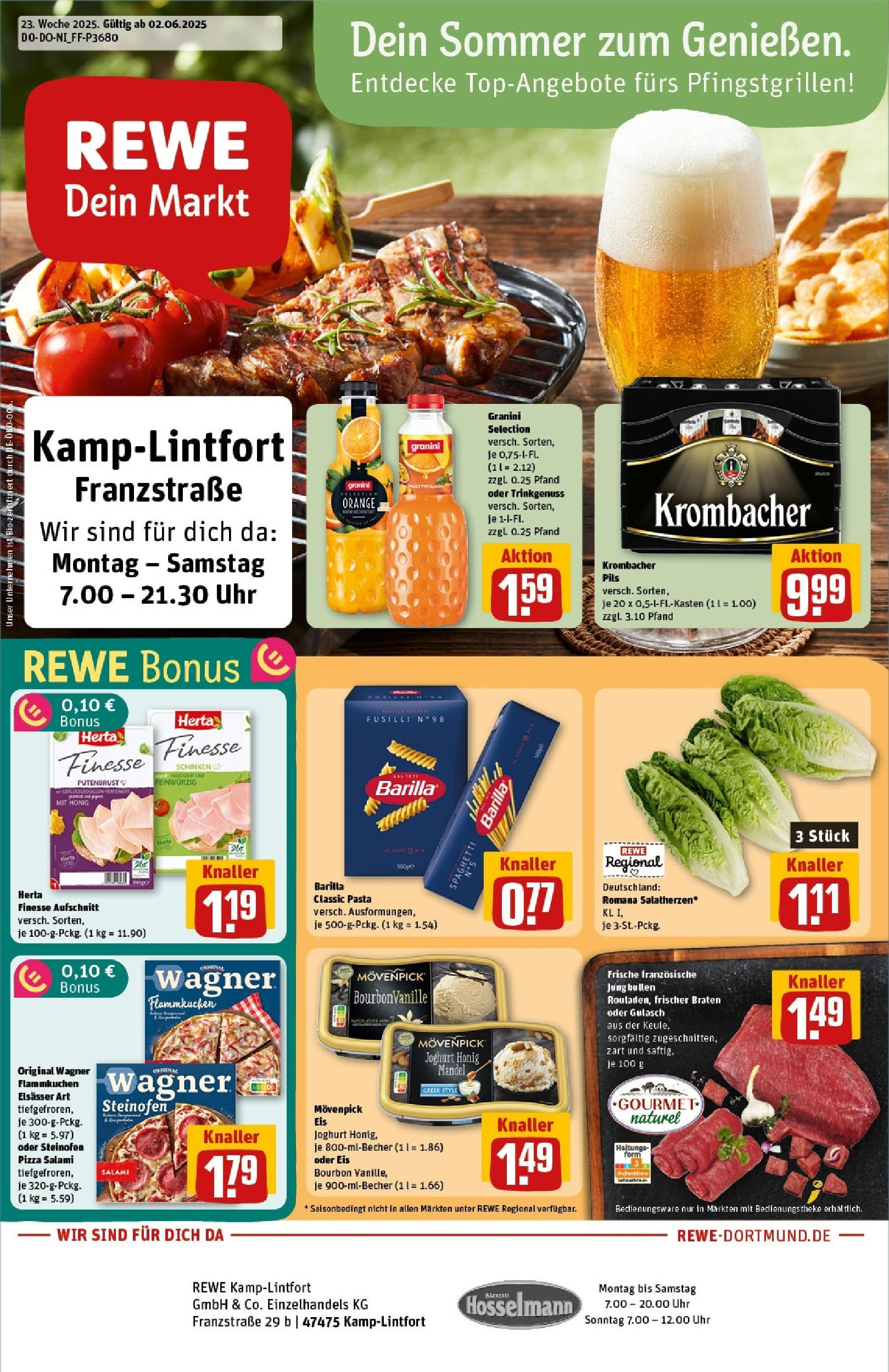 Rewe prospekt Kamp-Lintfort	 (ab 01.06.2025) zum Blättern » Angebote | Seite: 1 | Produkte: Barilla, Movenpick eis, Granini, Schinken