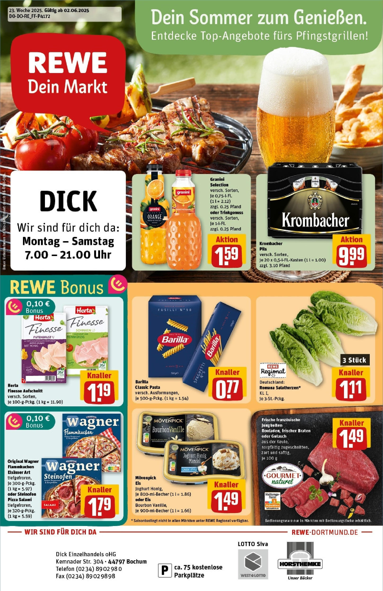 Rewe prospekt Bochum	 (ab 01.06.2025) zum Blättern » Angebote | Seite: 1 | Produkte: Krombacher, Salami, Herta finesse, Telefon