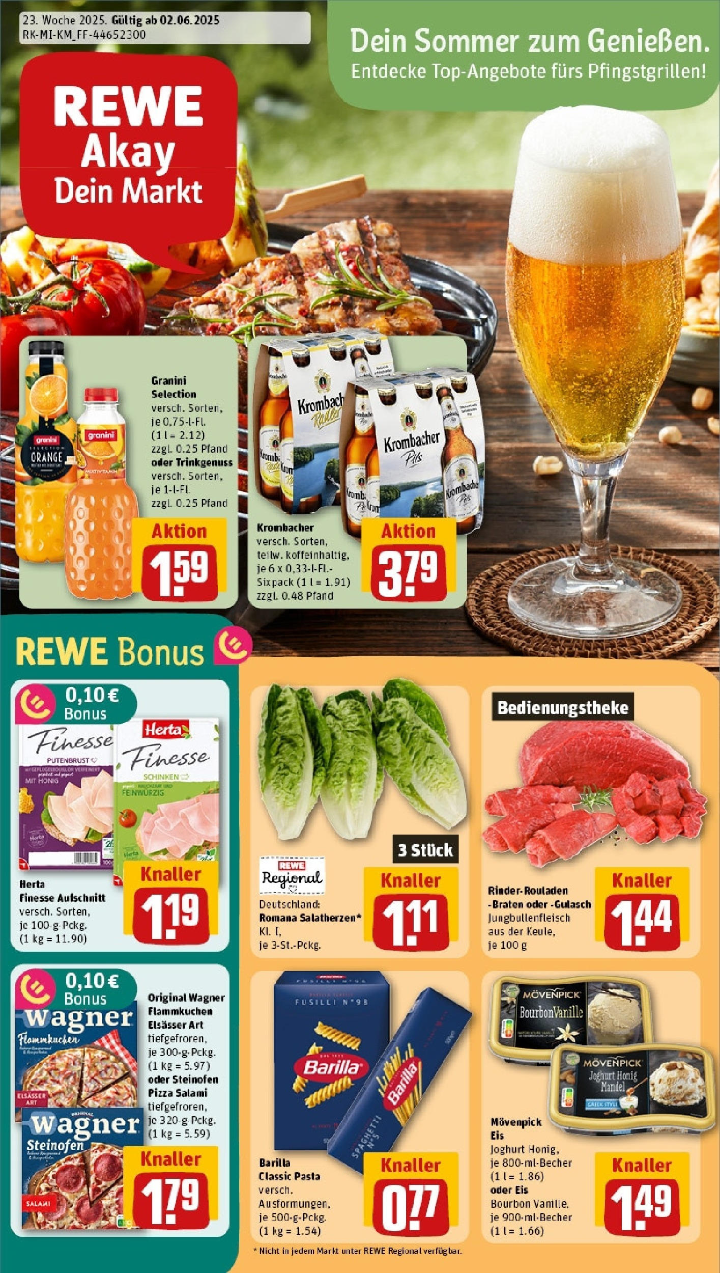 Rewe prospekt Frankfurt / Westend-Nord	 (ab 01.06.2025) zum Blättern » Angebote | Seite: 1 | Produkte: Rinderrouladen, Joghurt, Pasta, Bourbon