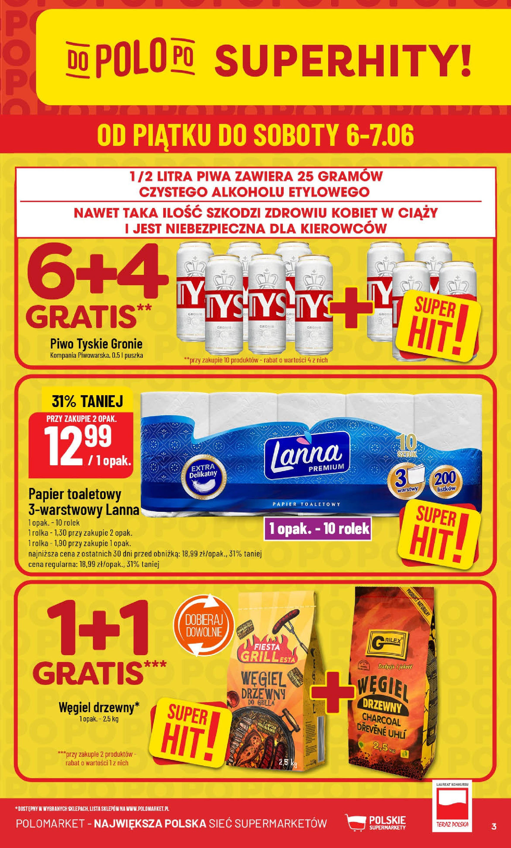 POLOmarket gazetka od jutra (04.06.2025) - Nowa PDF | Strona: 3 | Produkty: Papier toaletowy, Tyskie, Piwo