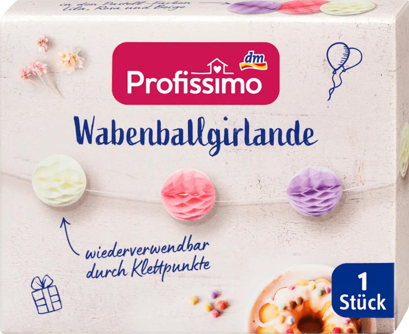 Profissimo Mini-Wabenballgirlande aus Blumenseide mit Klettpunkten, pastell