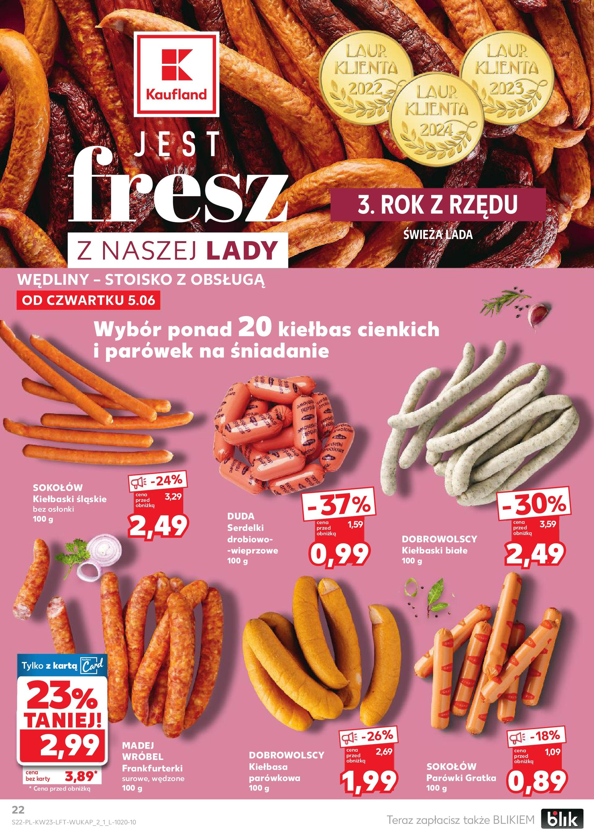 Kaufland gazetka od 05.06.2025 - od jutra PDF | Strona: 22 | Produkty: Kiełbasa, Karta, Parówki, Wędliny