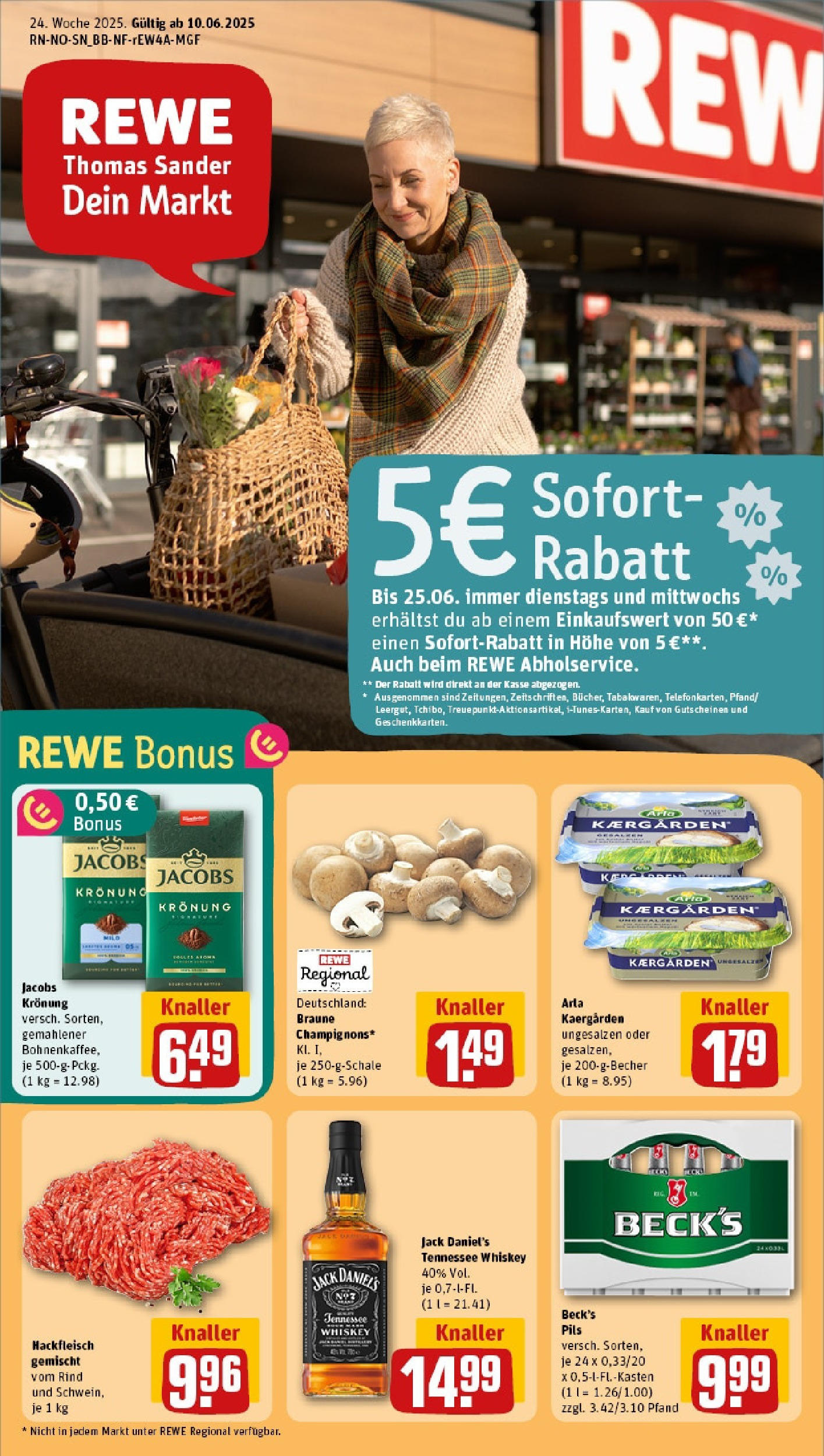 REWE Prospekt ab 08.06.2025 zum Blättern » Angebote | Seite: 1 | Produkte: Butter, Pils, Whiskey, Hackfleisch