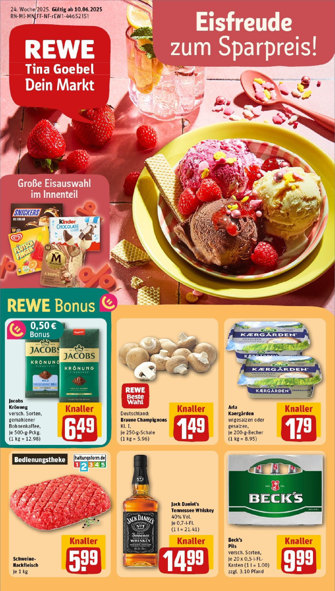 REWE Prospekt ab 08.06.2025 zum Blättern » Angebote | Seite: 1 | Produkte: Pils, Snickers, Champignons, Hackfleisch