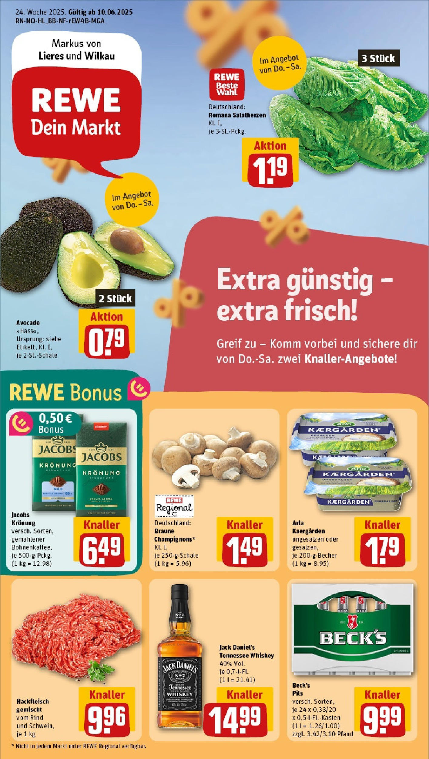 REWE Prospekt ab 08.06.2025 zum Blättern » Angebote | Seite: 1 | Produkte: Pils, Jack Daniel's, Avocado, Hackfleisch