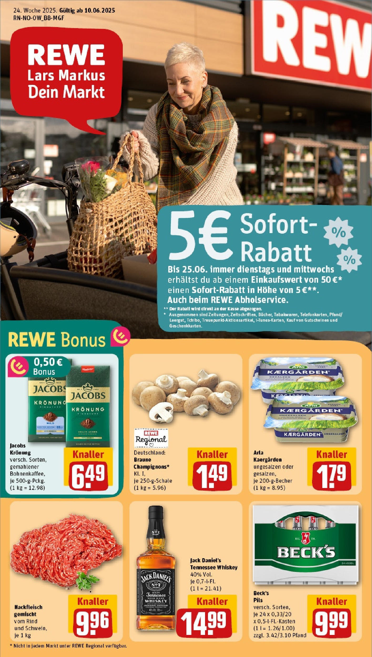REWE Prospekt ab 08.06.2025 zum Blättern » Angebote | Seite: 1 | Produkte: Butter, Pils, Whiskey, Hackfleisch