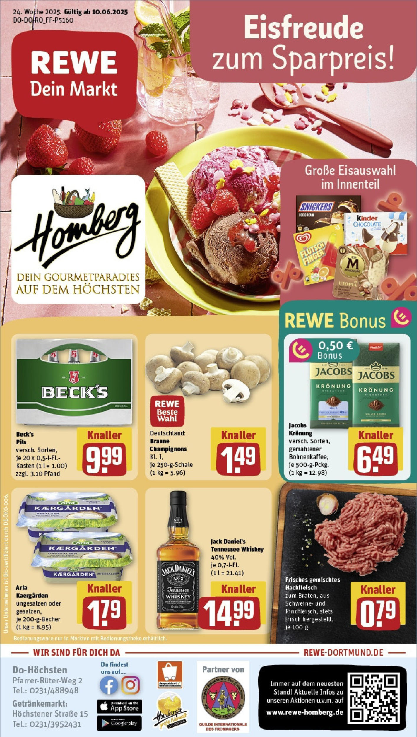 REWE Prospekt ab 08.06.2025 zum Blättern » Angebote | Seite: 1 | Produkte: Pils, Jack Daniel's, Champignons, Hackfleisch