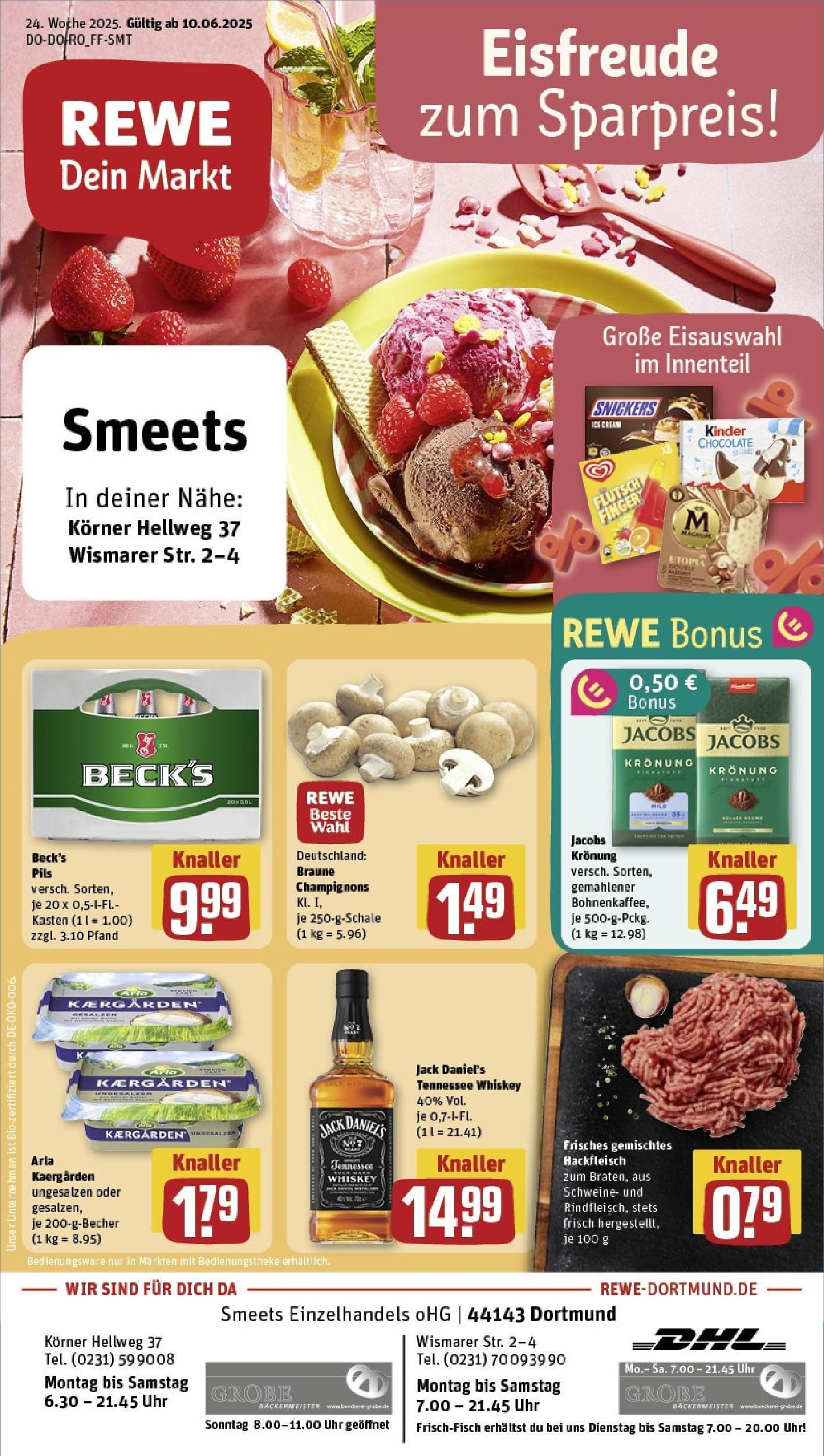 REWE Prospekt ab 08.06.2025 zum Blättern » Angebote | Seite: 1 | Produkte: Butter, Jack Daniel's, Snickers, Hackfleisch