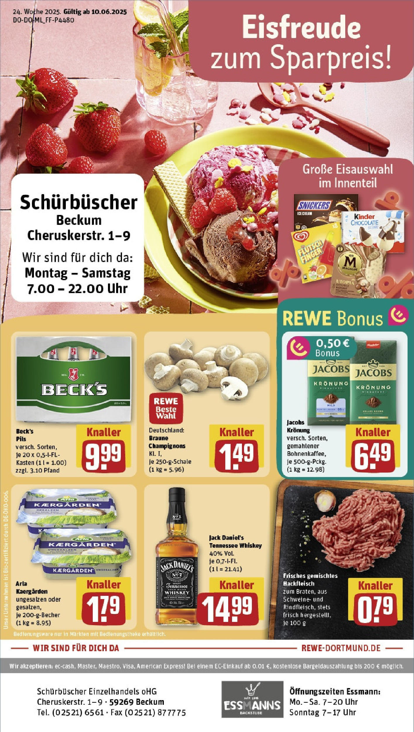 REWE Prospekt ab 08.06.2025 zum Blättern » Angebote | Seite: 1 | Produkte: Butter, Pils, Whiskey, Hackfleisch