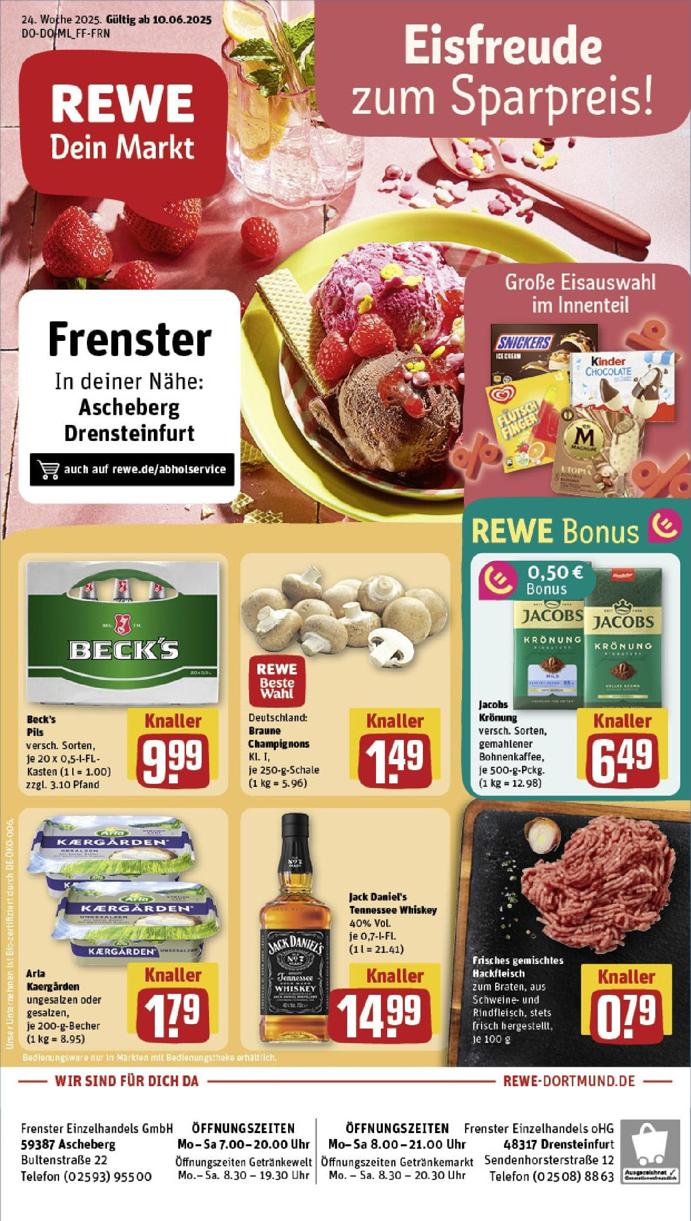 REWE Prospekt ab 08.06.2025 zum Blättern » Angebote | Seite: 1 | Produkte: Pils, Jack Daniel's, Snickers, Champignons