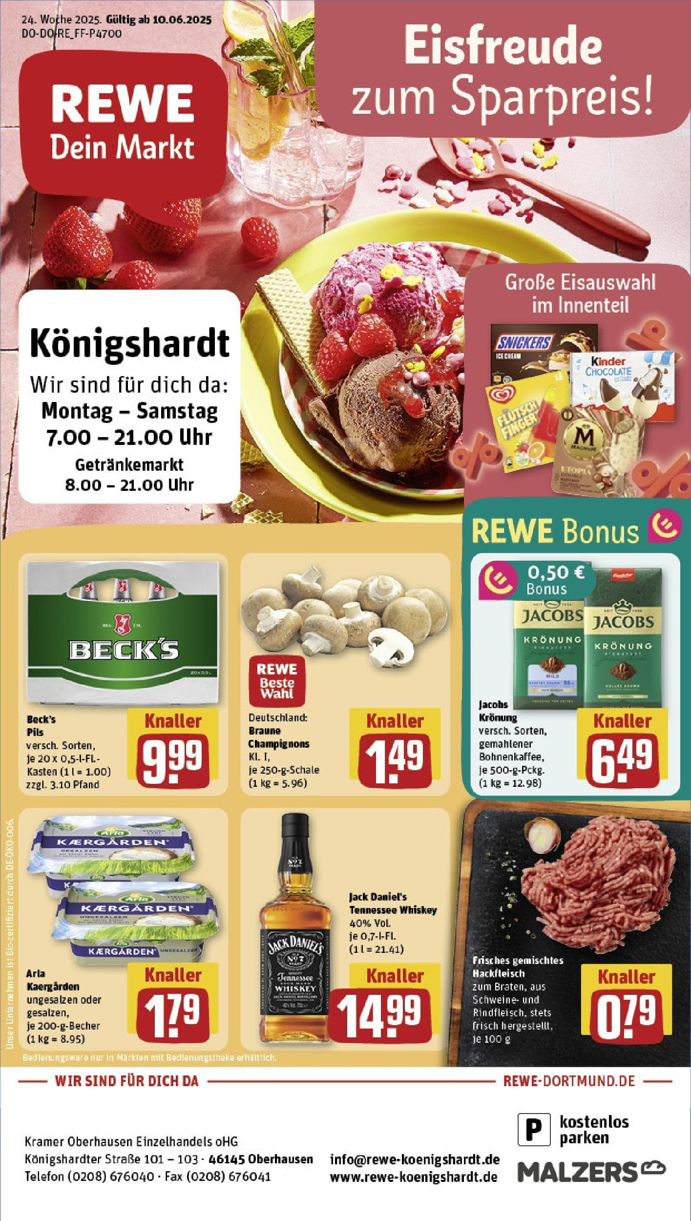 REWE Prospekt ab 08.06.2025 zum Blättern » Angebote | Seite: 1 | Produkte: Butter, Snickers, Telefon, Hackfleisch