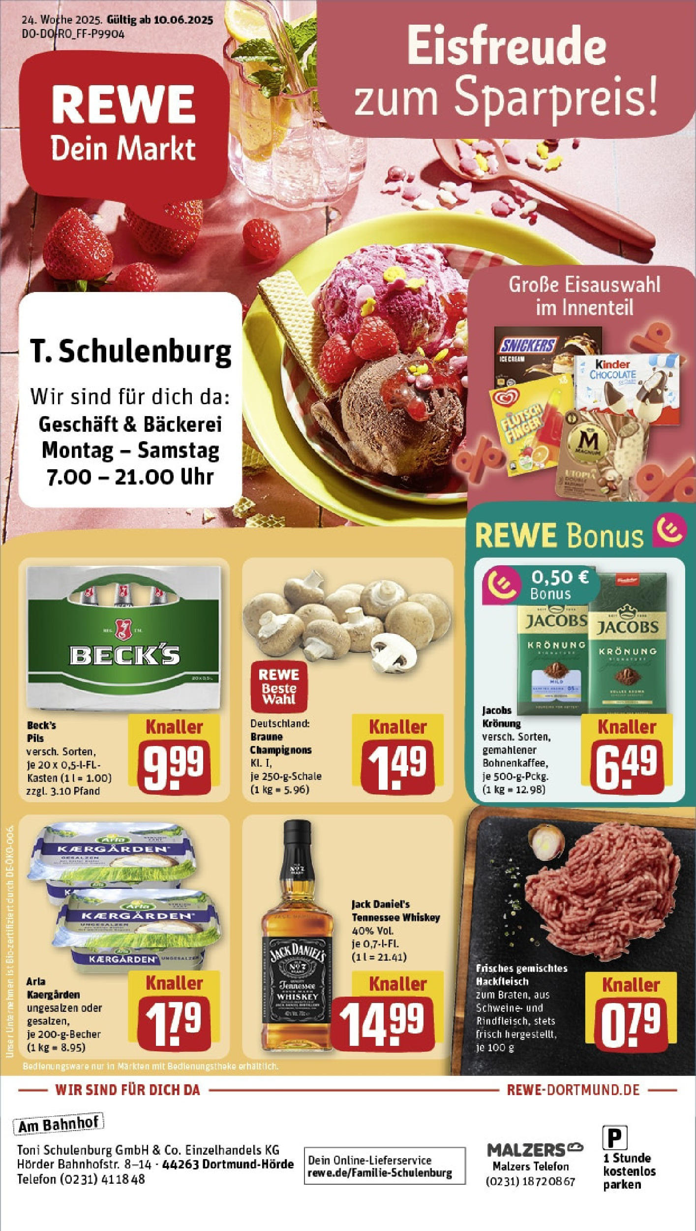 REWE Prospekt ab 08.06.2025 zum Blättern » Angebote | Seite: 1 | Produkte: Bäckerei, Pils, Jack Daniel's, Champignons