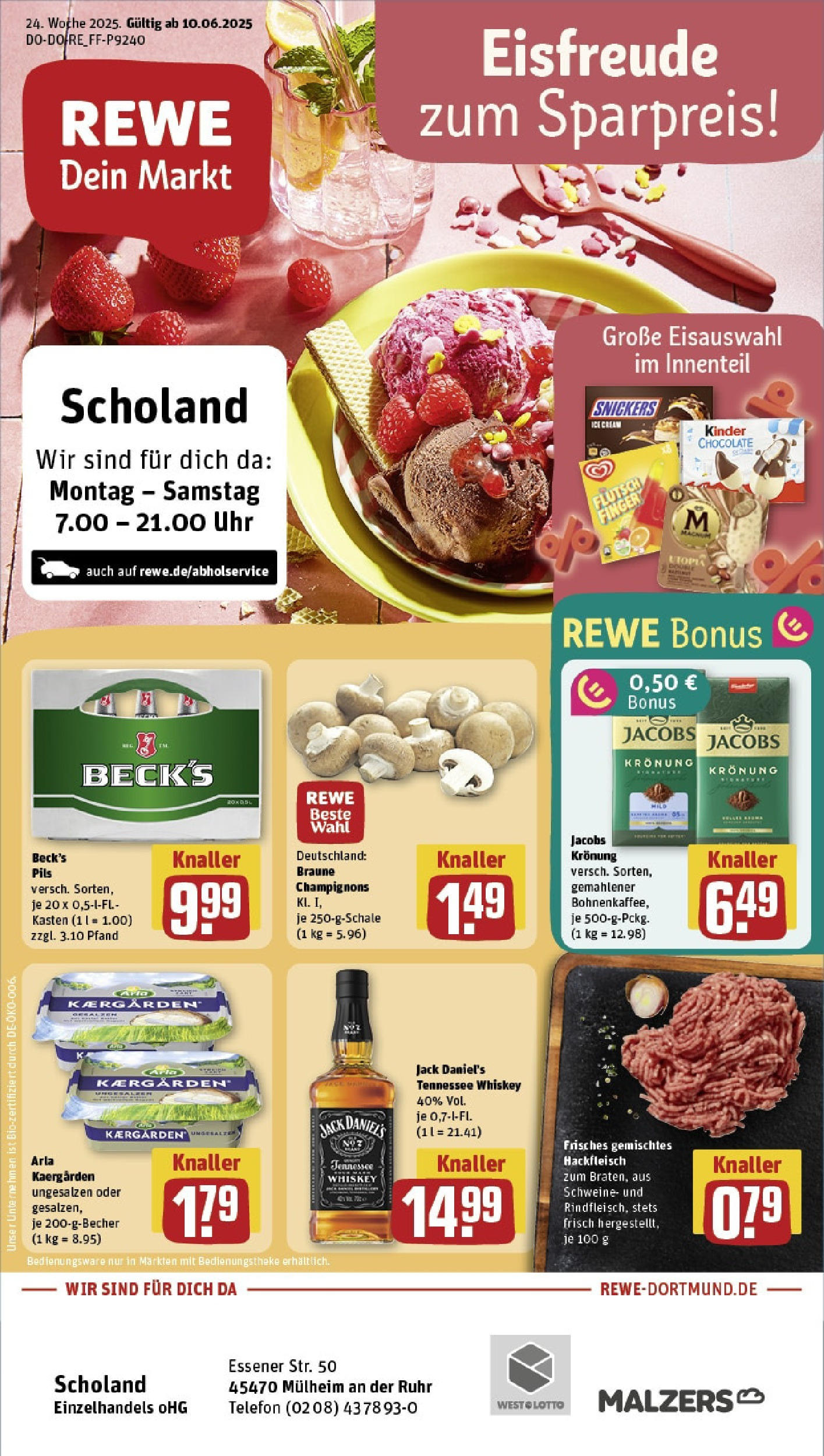 REWE Prospekt ab 08.06.2025 zum Blättern » Angebote | Seite: 1 | Produkte: Pils, Champignons, Uhr, Hackfleisch