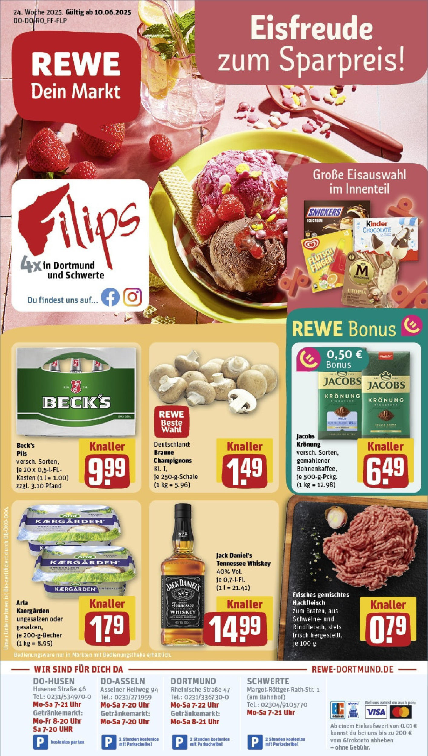 REWE Prospekt ab 08.06.2025 zum Blättern » Angebote | Seite: 1 | Produkte: Jack Daniel's, Snickers, Champignons, Hackfleisch