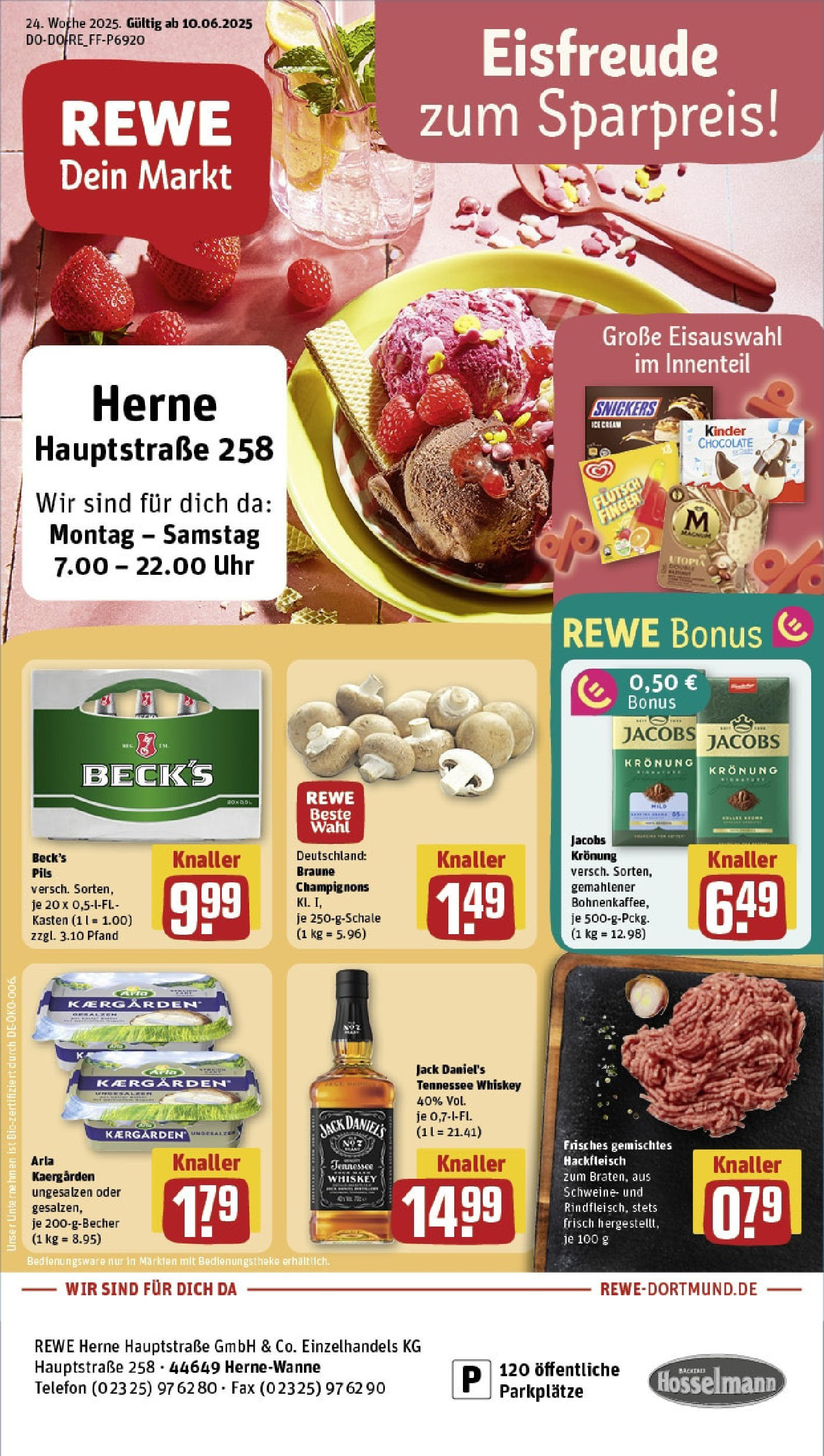 REWE Prospekt ab 08.06.2025 zum Blättern » Angebote | Seite: 1 | Produkte: Pils, Champignons, Whiskey, Uhr