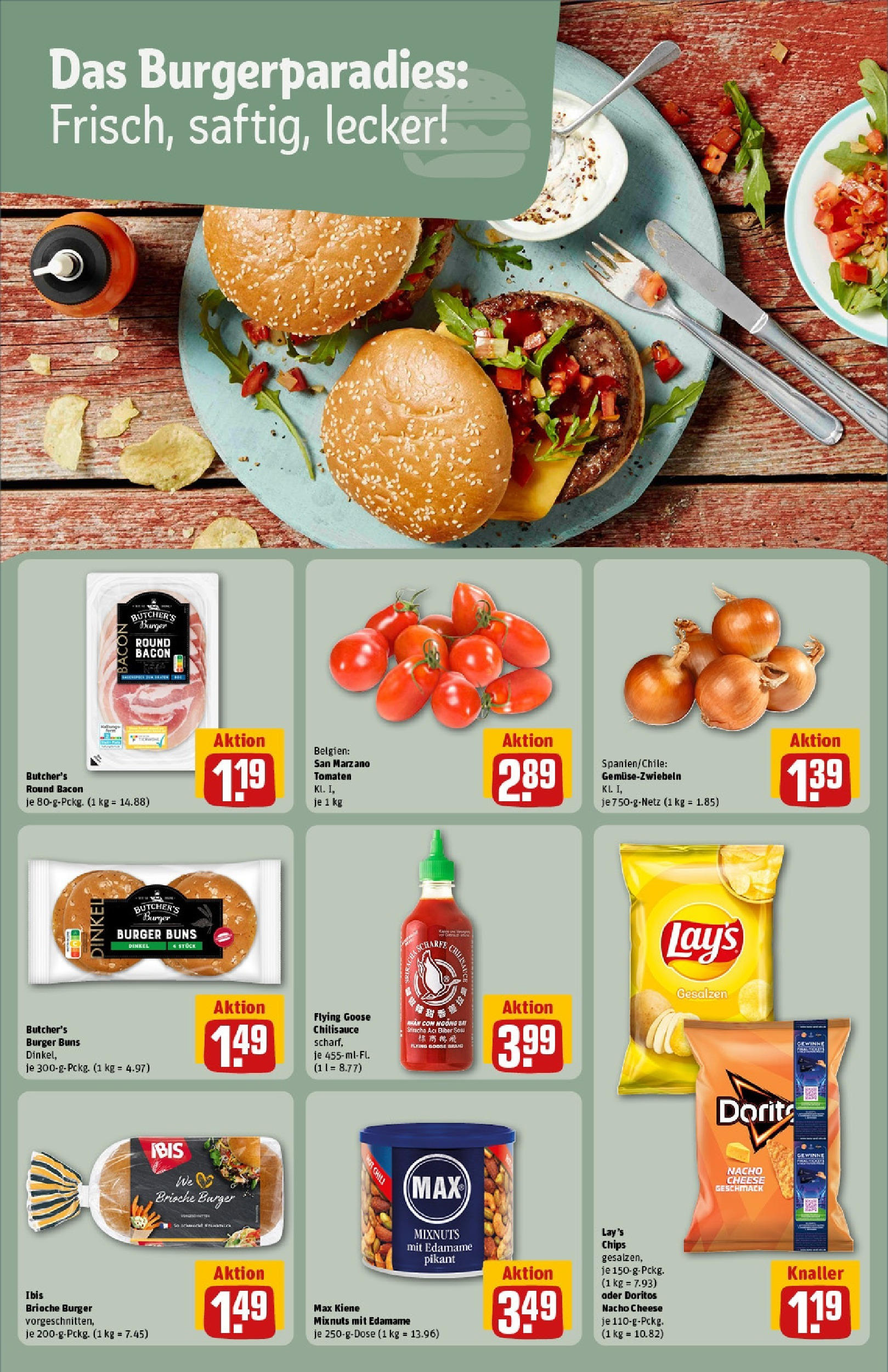 REWE Prospekt ab 08.06.2025 zum Blättern » Angebote | Seite: 21 | Produkte: Burger, Tomaten, Chili, Chips
