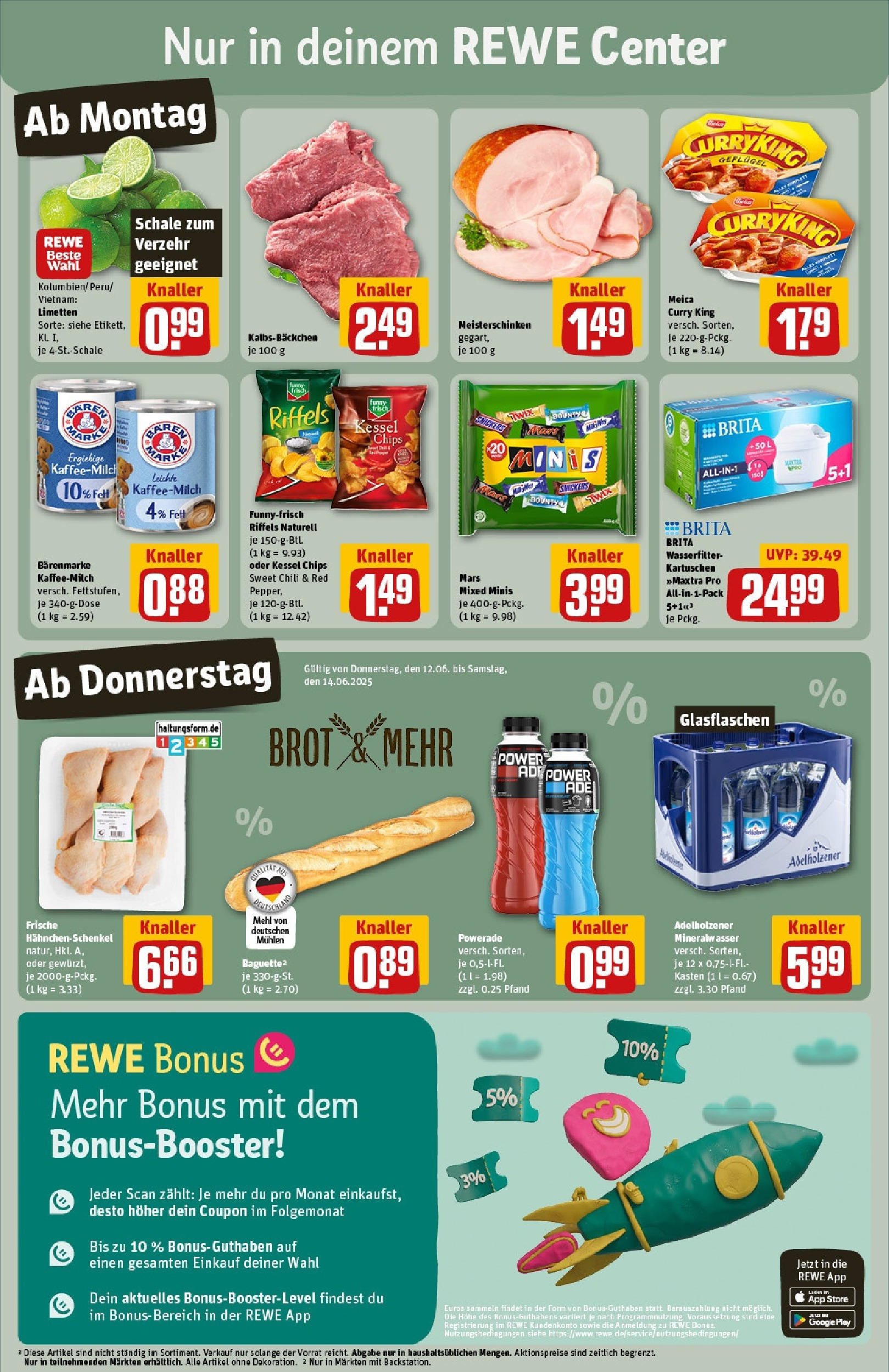 REWE Prospekt ab 08.06.2025 zum Blättern » Angebote | Seite: 3 | Produkte: Hahnchenschenkel, Funny frisch, Adelholzener, Chips