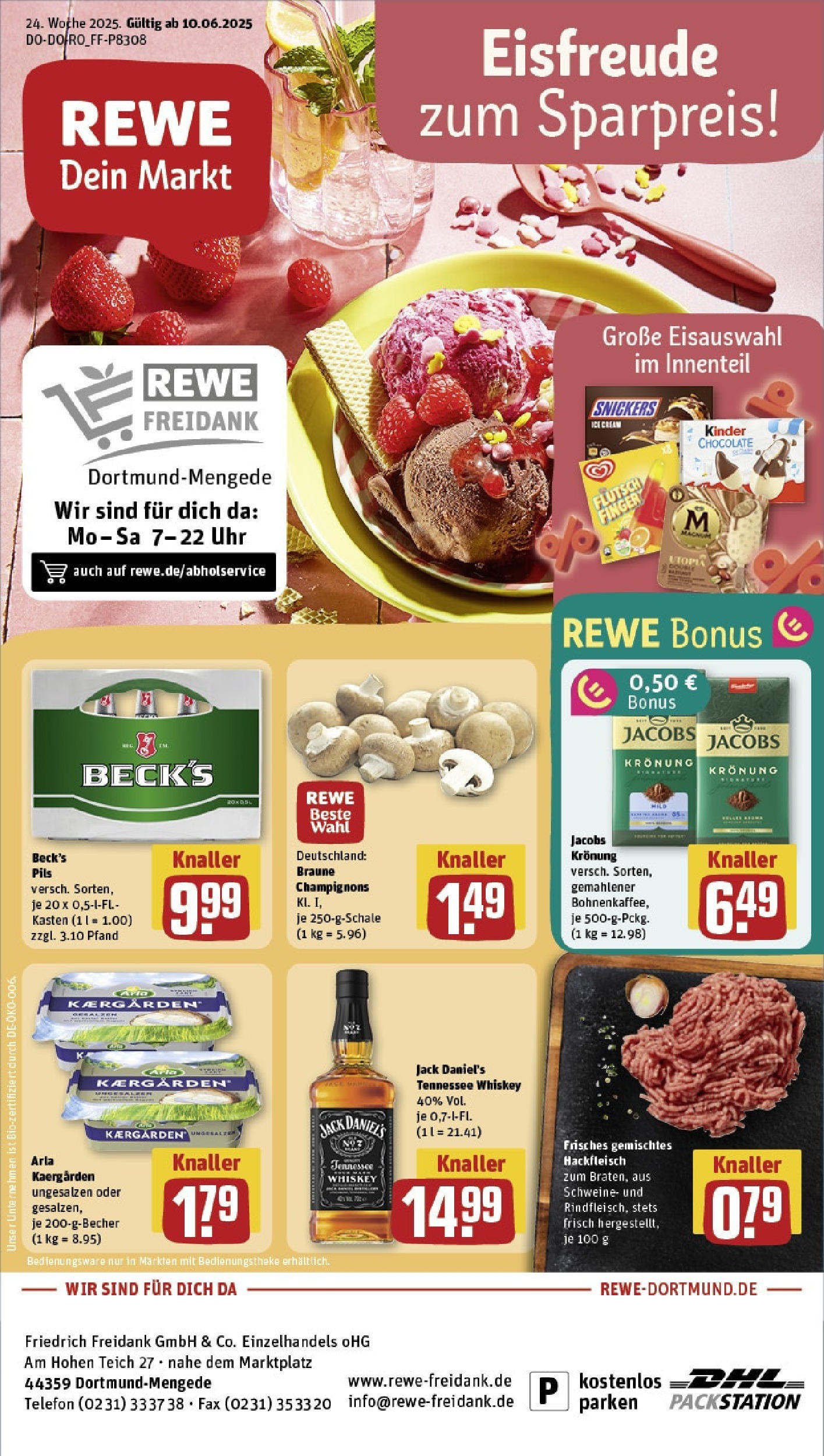 REWE Prospekt ab 08.06.2025 zum Blättern » Angebote | Seite: 1 | Produkte: Butter, Champignons, Telefon, Uhr
