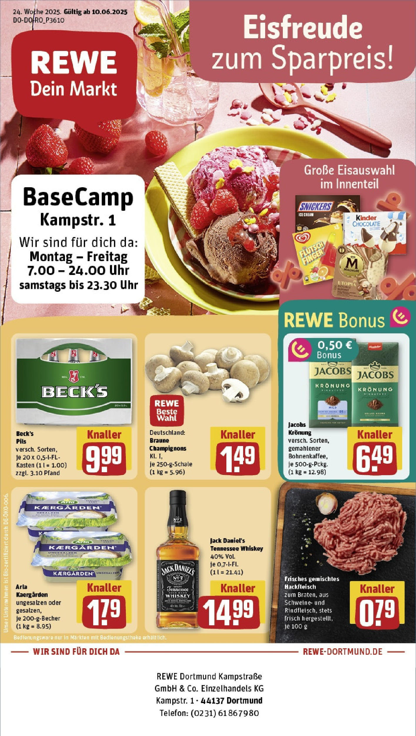 REWE Prospekt ab 08.06.2025 zum Blättern » Angebote | Seite: 1 | Produkte: Pils, Jack Daniel's, Whiskey, Hackfleisch