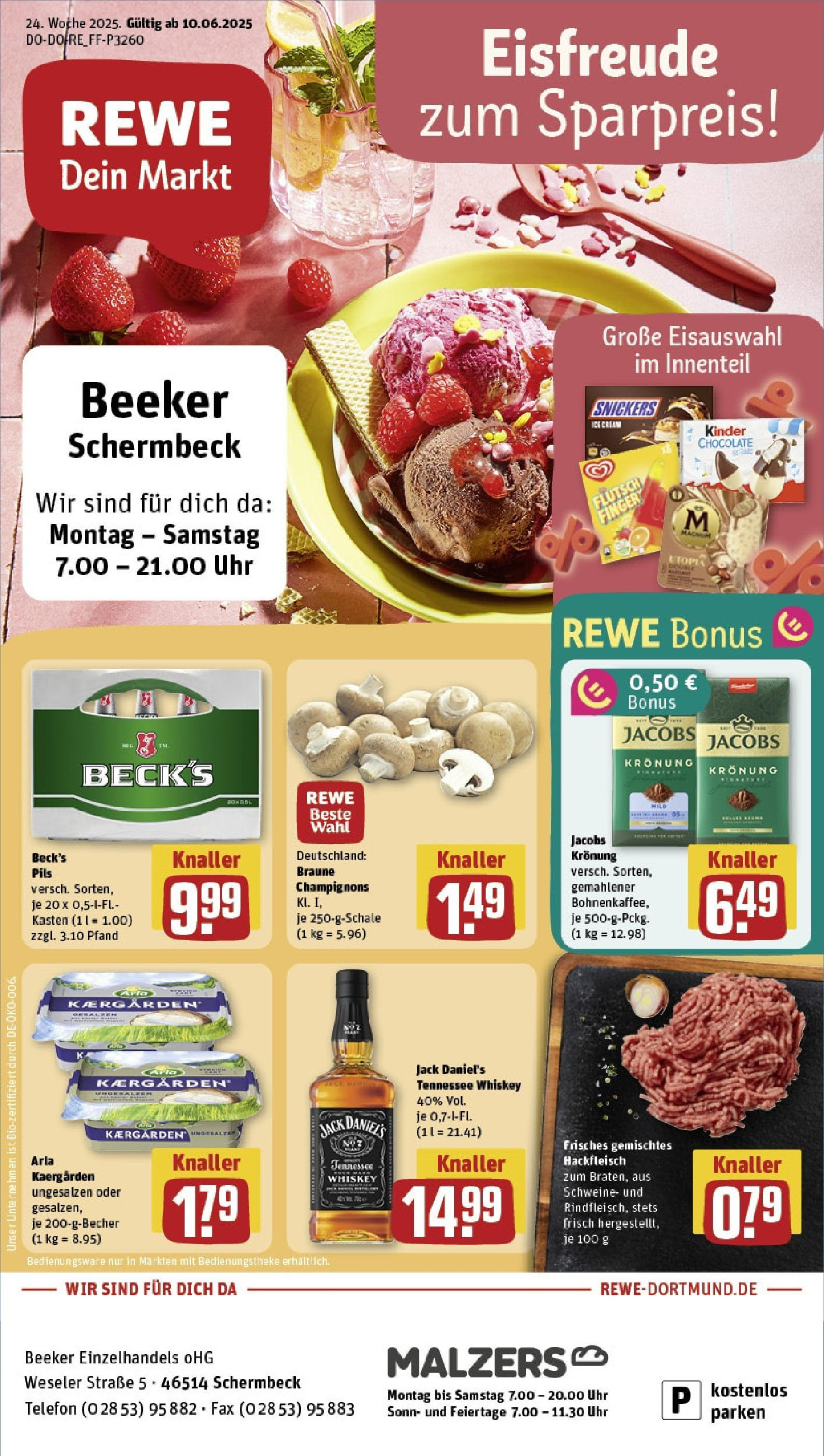 REWE Prospekt ab 08.06.2025 zum Blättern » Angebote | Seite: 1 | Produkte: Jack Daniel's, Telefon, Uhr, Hackfleisch