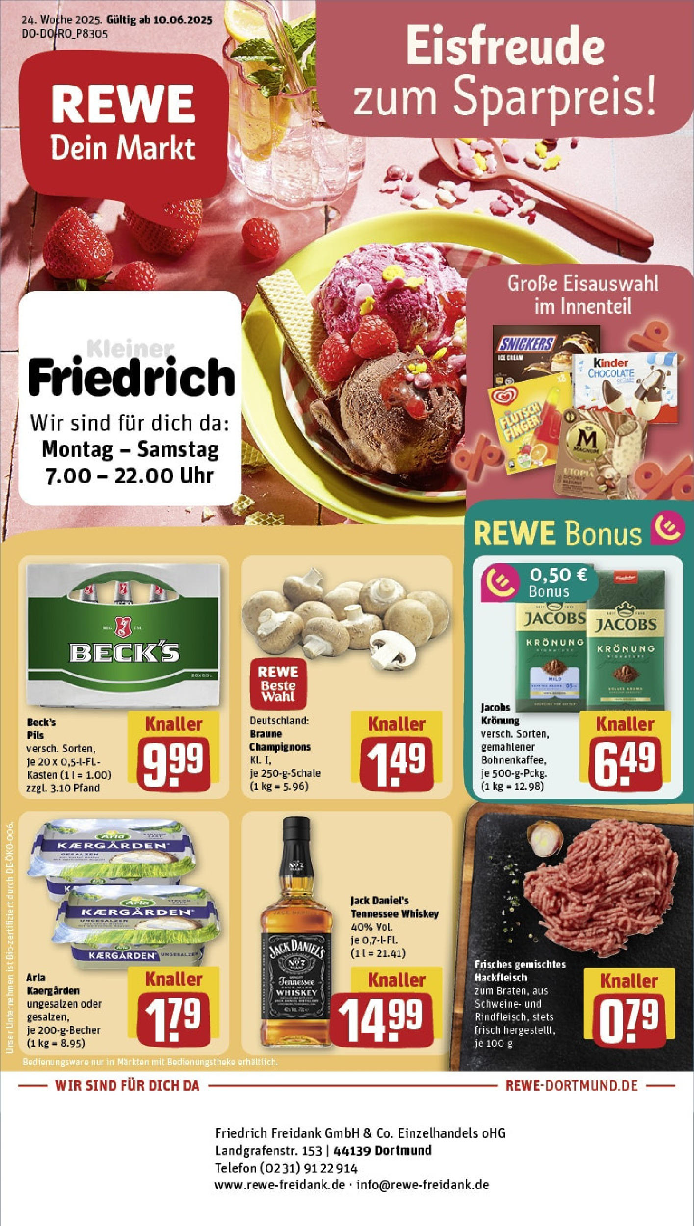 REWE Prospekt ab 08.06.2025 zum Blättern » Angebote | Seite: 1 | Produkte: Butter, Pils, Champignons, Uhr