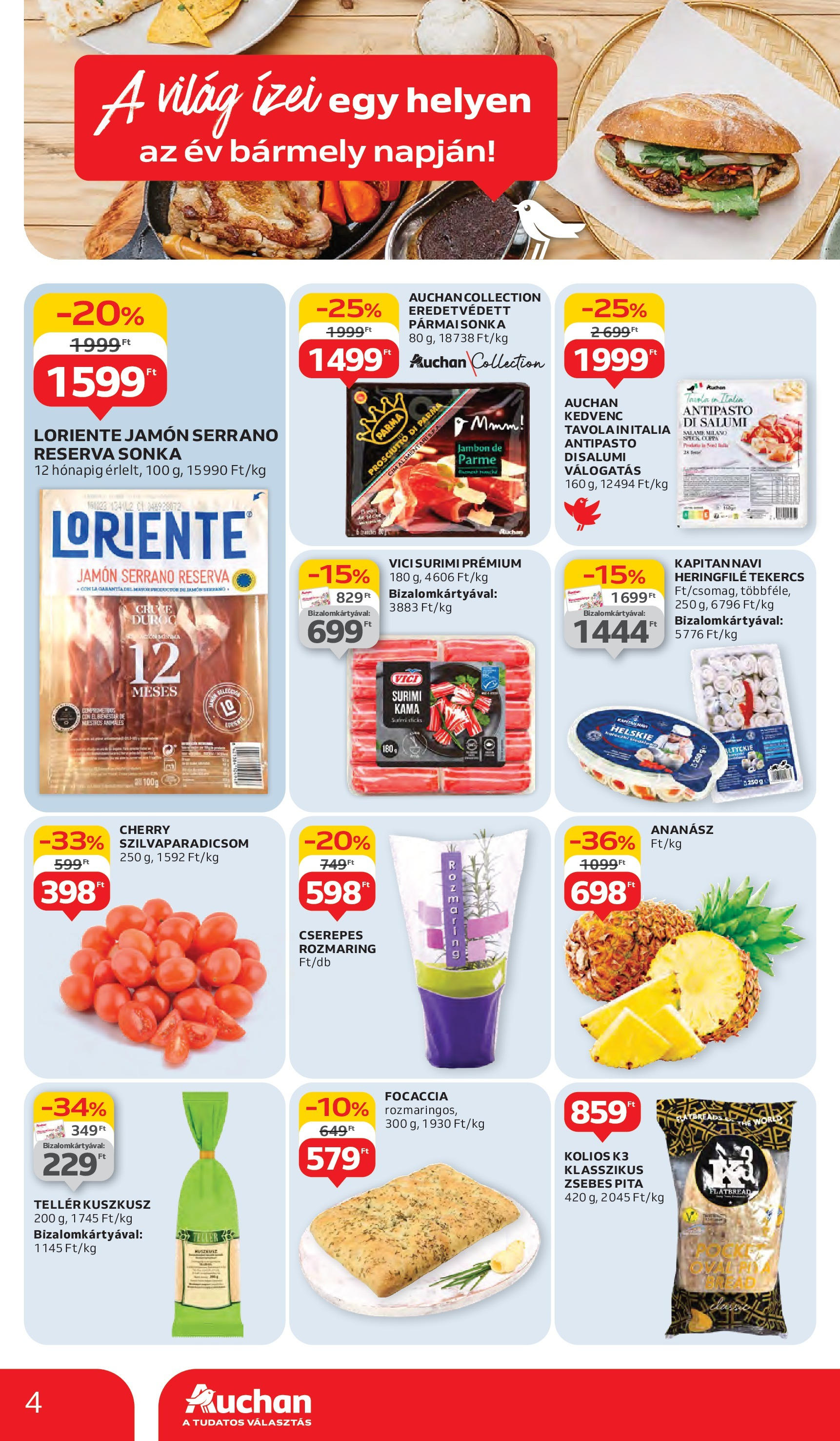 Auchan Akciós újság - 2025.06.05. -tól/töl > akció, lapozható szórólap 🛍️ | Oldal: 4 | Termékek: Pármai sonka, Sonka, Pita, Kuszkusz