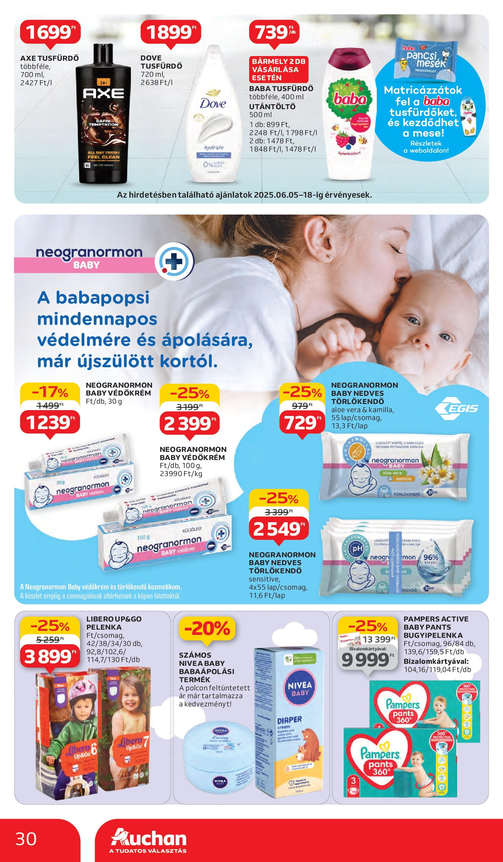 Auchan Akciós újság - 2025.06.05. -tól/töl > akció, lapozható szórólap 🛍️ | Oldal: 30 | Termékek: Törlőkendő, Pelenka, Aloe vera, Tusfürdő