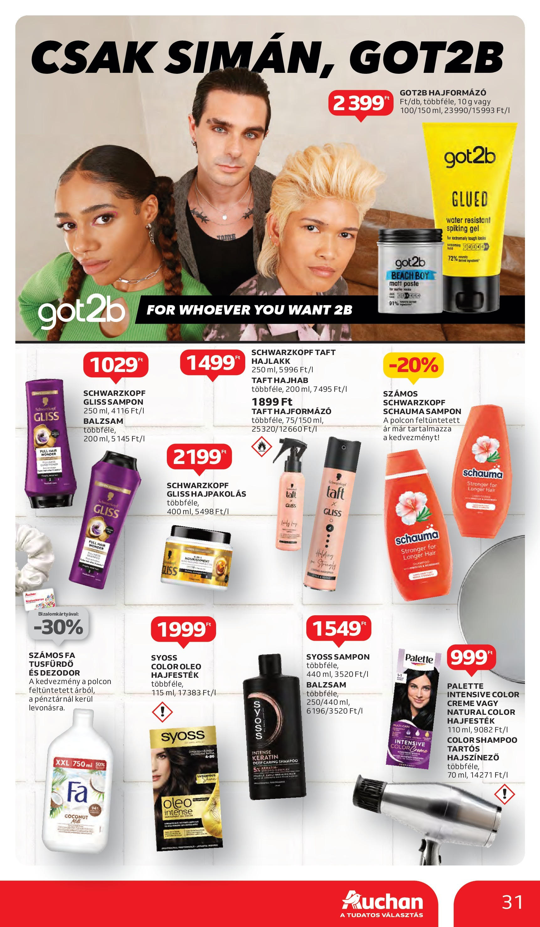 Auchan Akciós újság - 2025.06.05. -tól/töl > akció, lapozható szórólap 🛍️ | Oldal: 31 | Termékek: Hajszínező, Hajfesték, Tusfürdő, Dezodor