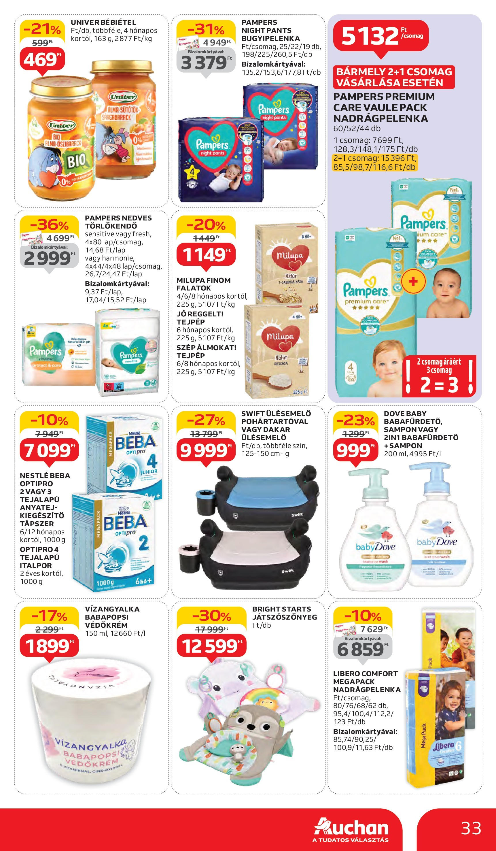 Auchan Akciós újság - 2025.06.05. -tól/töl > akció, lapozható szórólap 🛍️ | Oldal: 33 | Termékek: Pampers, Törlőkendő, Nedves törlőkendő, Bébiétel