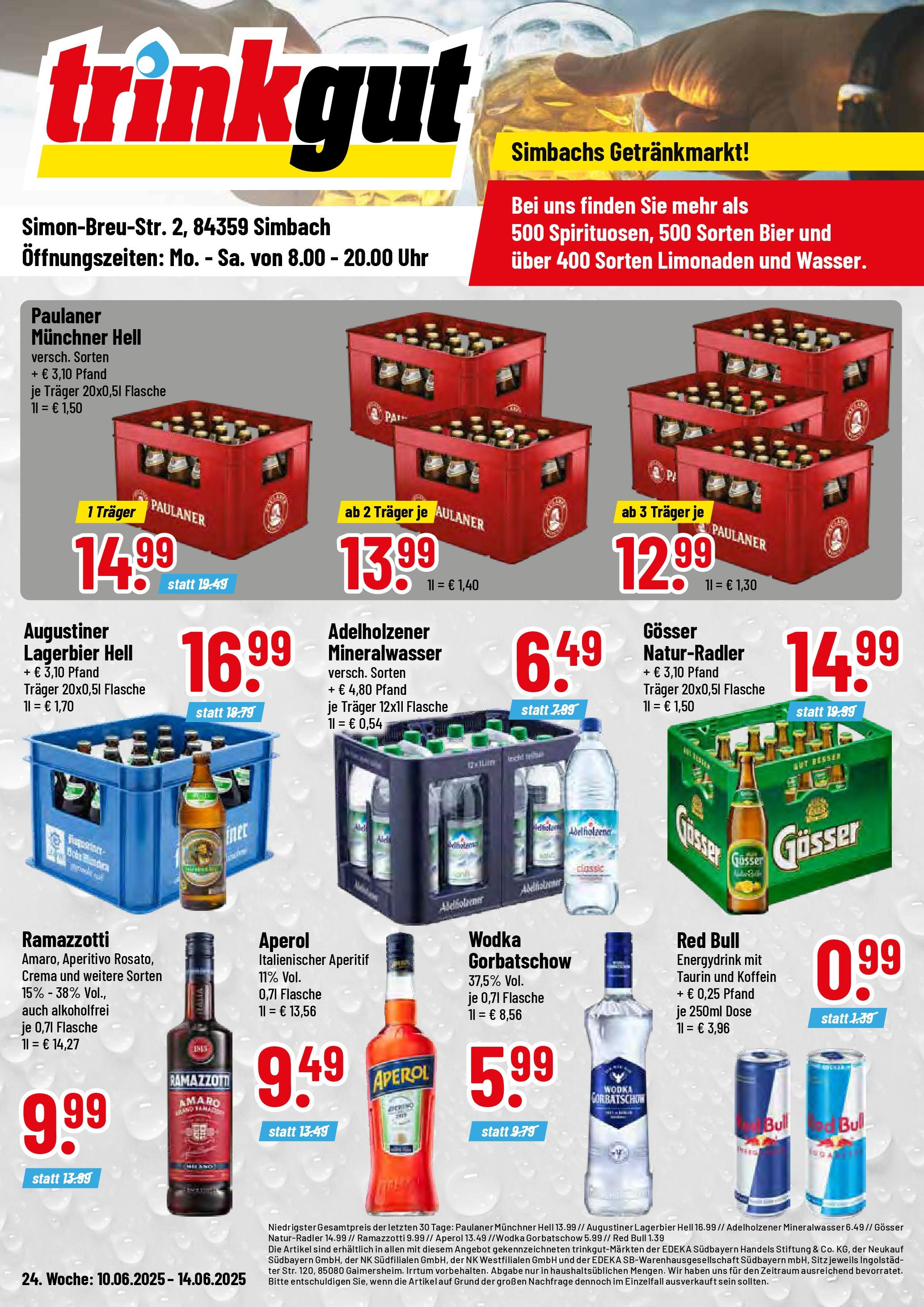 Trinkgut prospekt Simbach/Inn	 (ab 08.06.2025) » Angebote online | Seite: 1 | Produkte: Red bull, Mineralwasser, Wodka, Ramazzotti